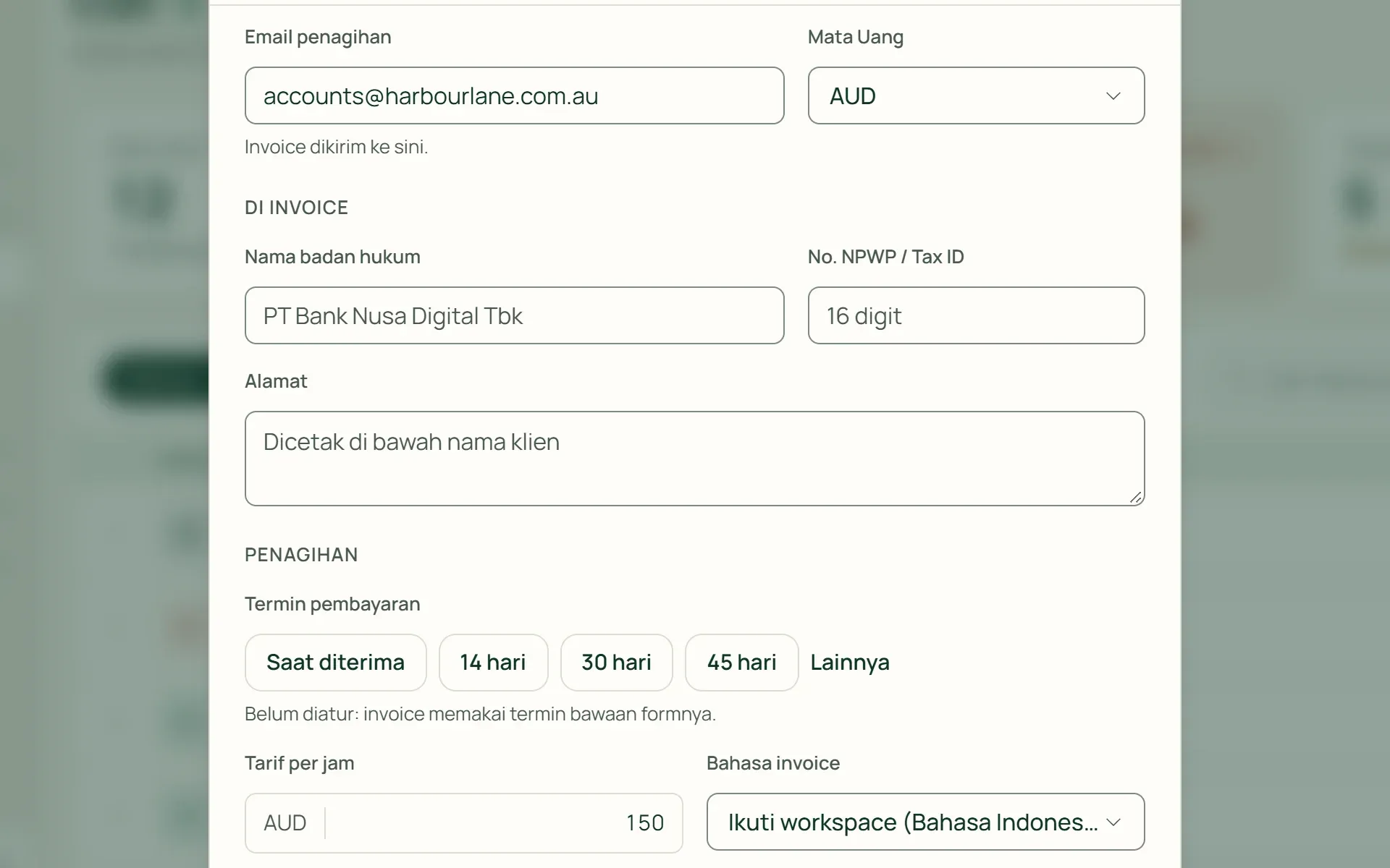 Form klien baru di Tumra dengan mata uang AUD dan tarif per jam dalam dolar Australia.