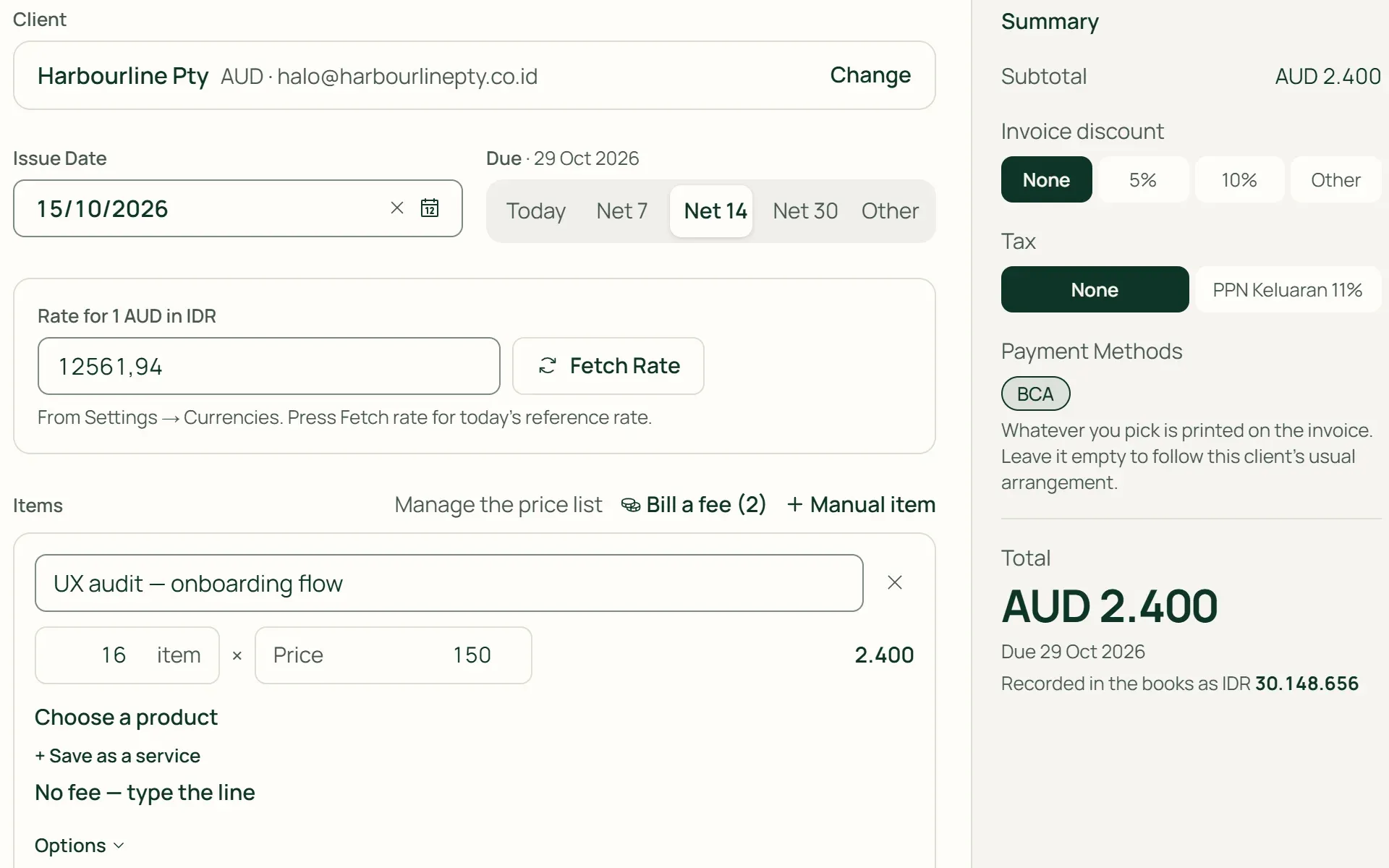 A foreign currency invoice form in Tumra with the AUD to rupiah rate and the value recorded in the books.
