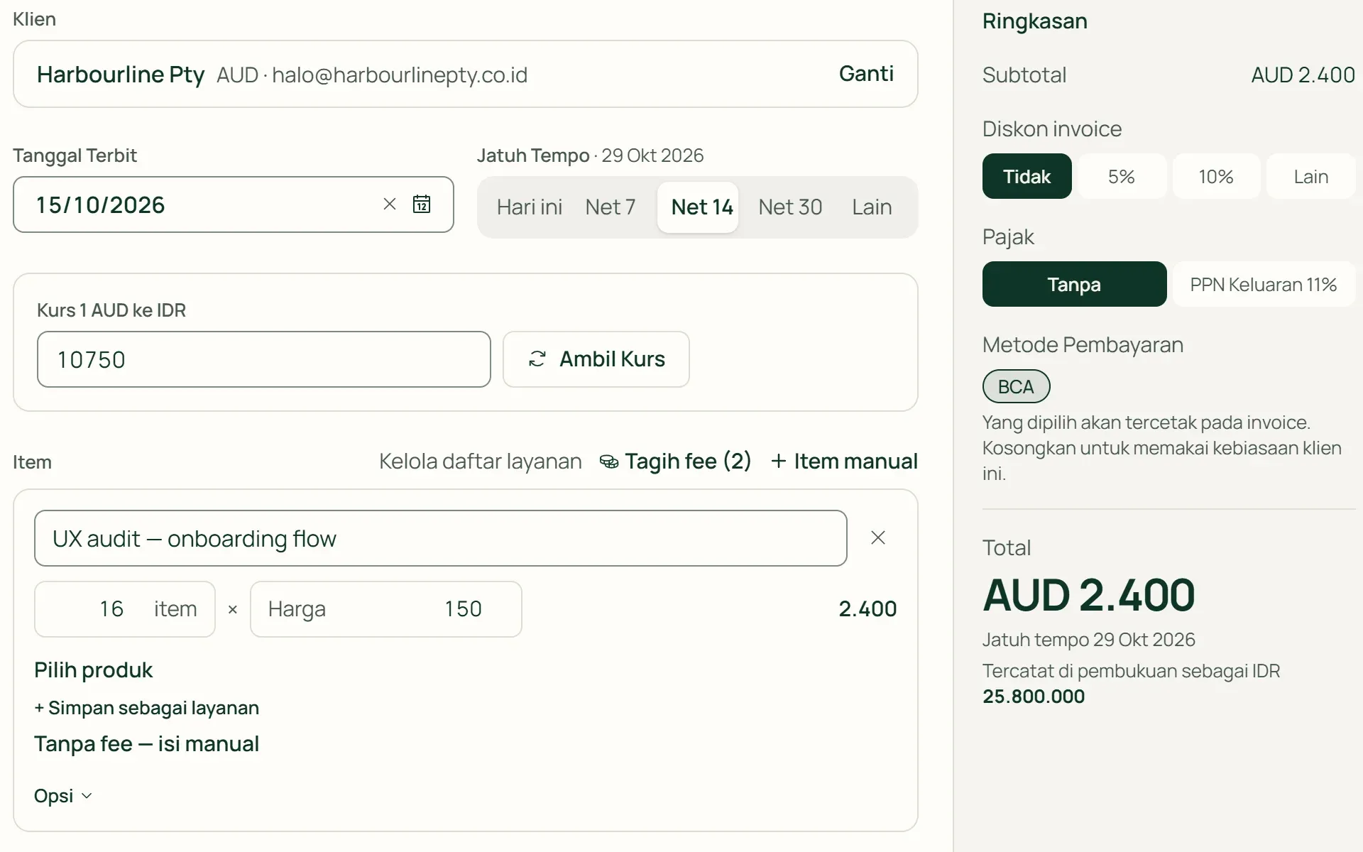 Form invoice valas di Tumra dengan kurs AUD ke rupiah dan nilai yang dicatat ke pembukuan.