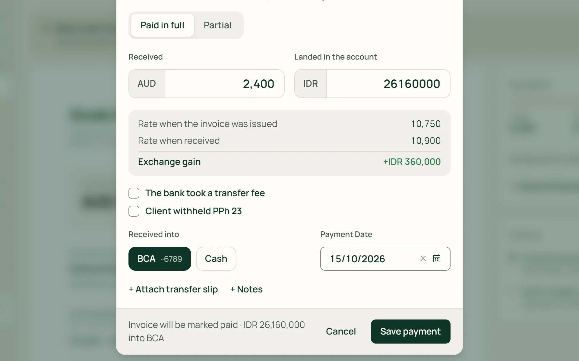 Payment of an AUD invoice in Tumra with the exchange gain worked out automatically.