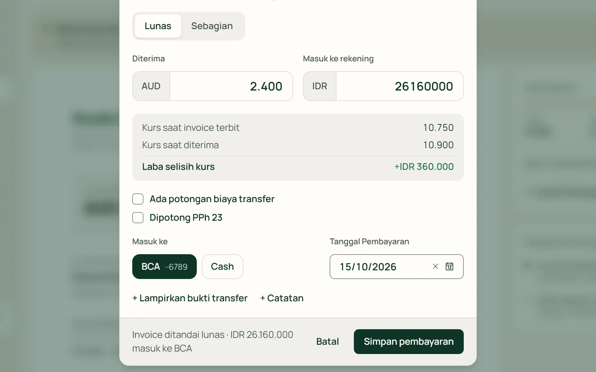 Pembayaran invoice AUD di Tumra dengan laba selisih kurs yang dihitung otomatis.
