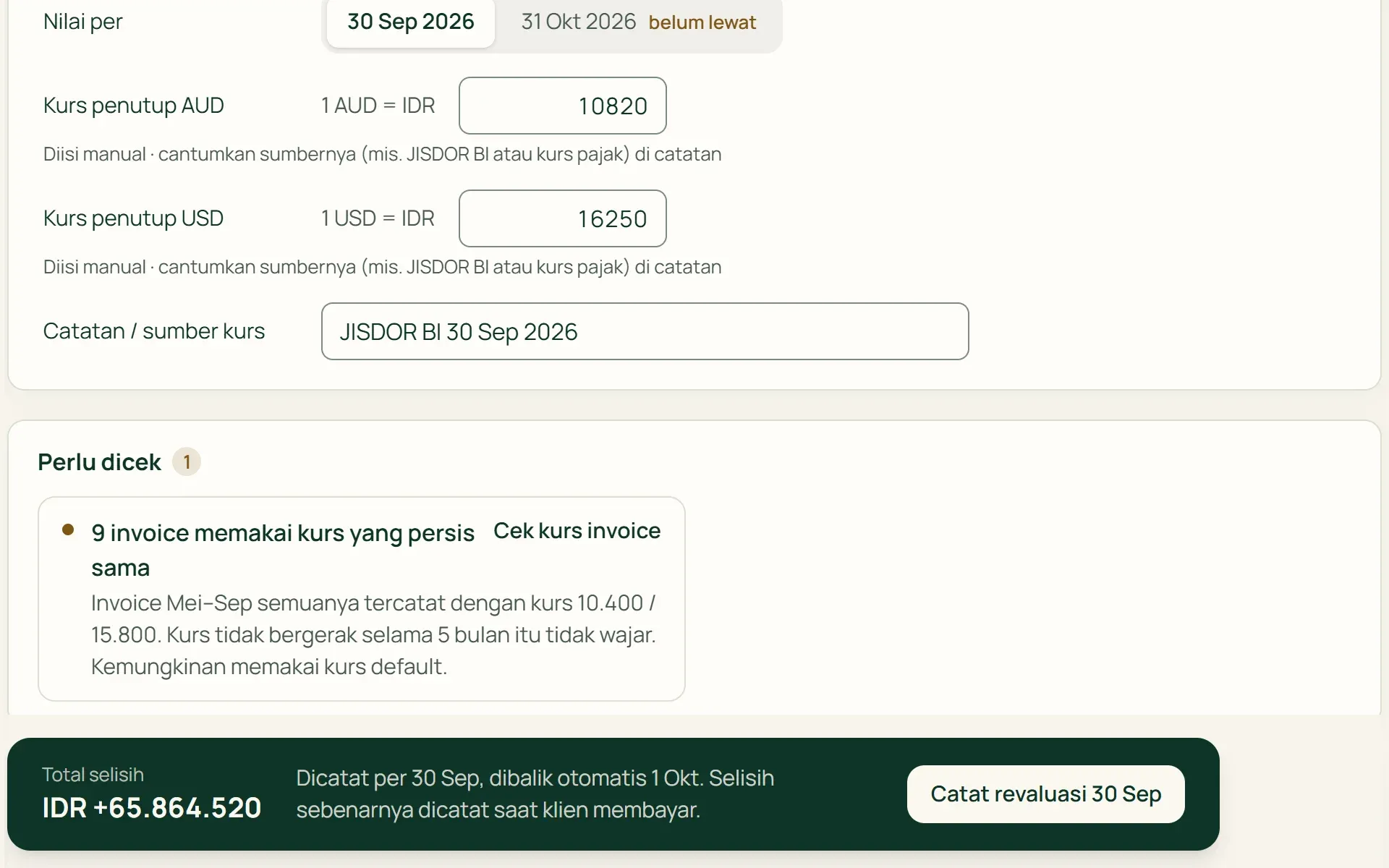 Revaluasi kurs di Tumra: piutang AUD dinilai ulang dengan kurs akhir bulan.