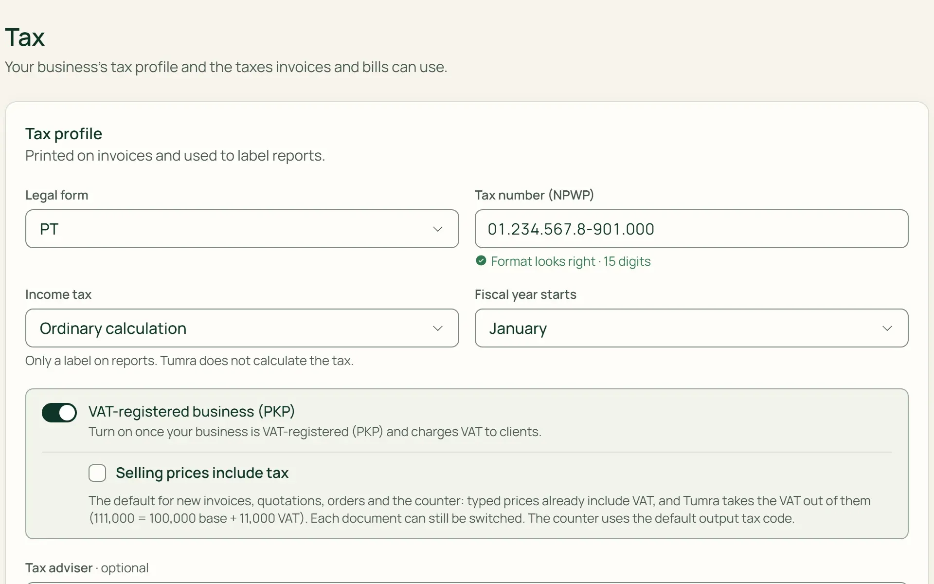 Tax settings in Tumra: a tax profile with NPWP and PKP status, and VAT and PPh 23 tax types.