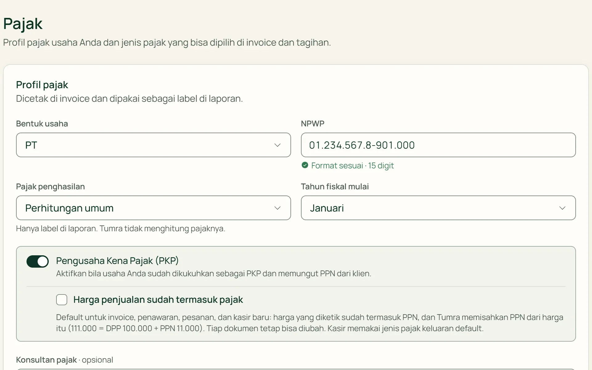 Pengaturan pajak di Tumra: profil pajak dengan NPWP dan status PKP, serta jenis pajak PPN dan PPh 23.