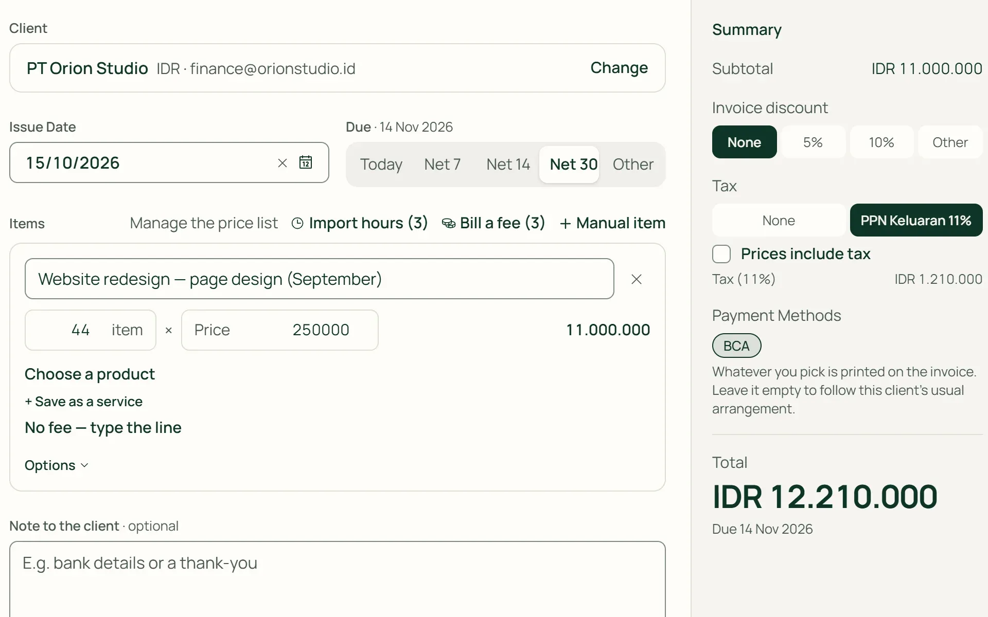 An invoice form in Tumra with 11% VAT on a tax base of IDR 11,000,000.