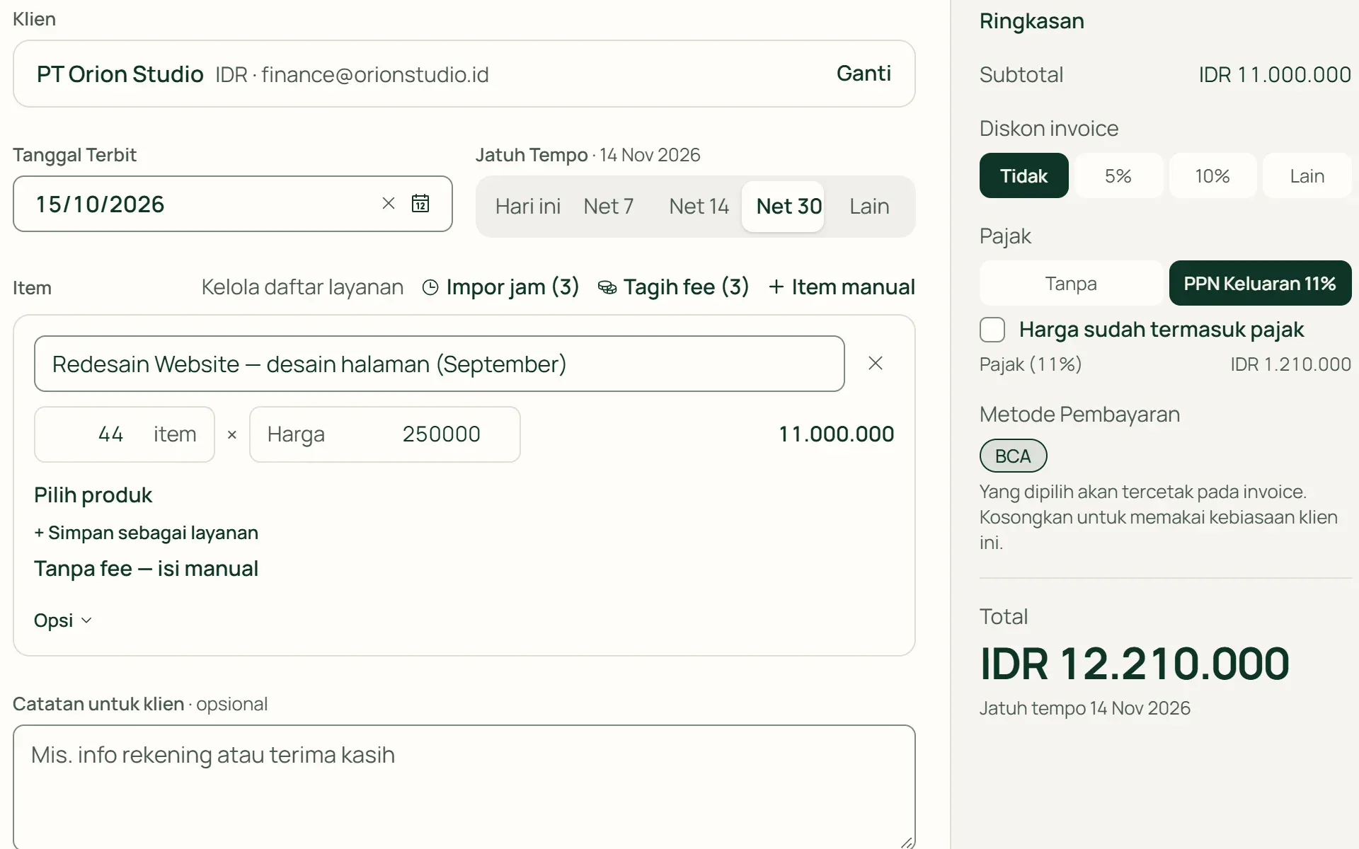 Form invoice di Tumra dengan PPN 11% di atas DPP Rp 11.000.000.