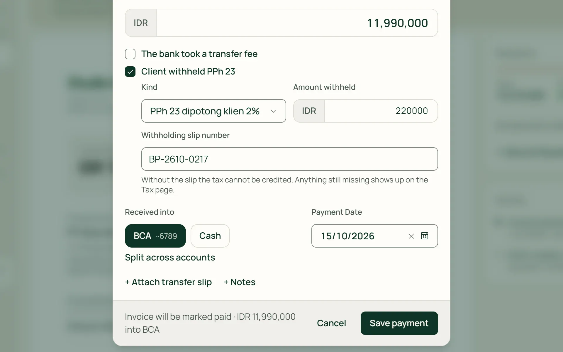 Recording a payment in Tumra: the client withholds IDR 220,000 of PPh 23 and IDR 11,990,000 reaches the bank.