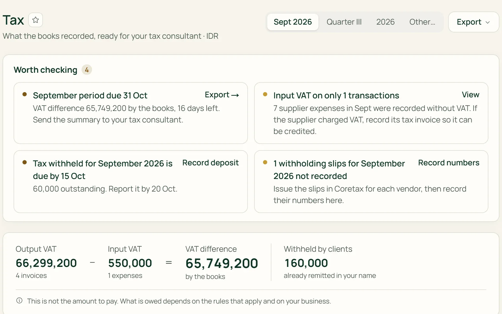 The Tax page in Tumra: Output VAT, Input VAT, and the difference for the September 2026 period.