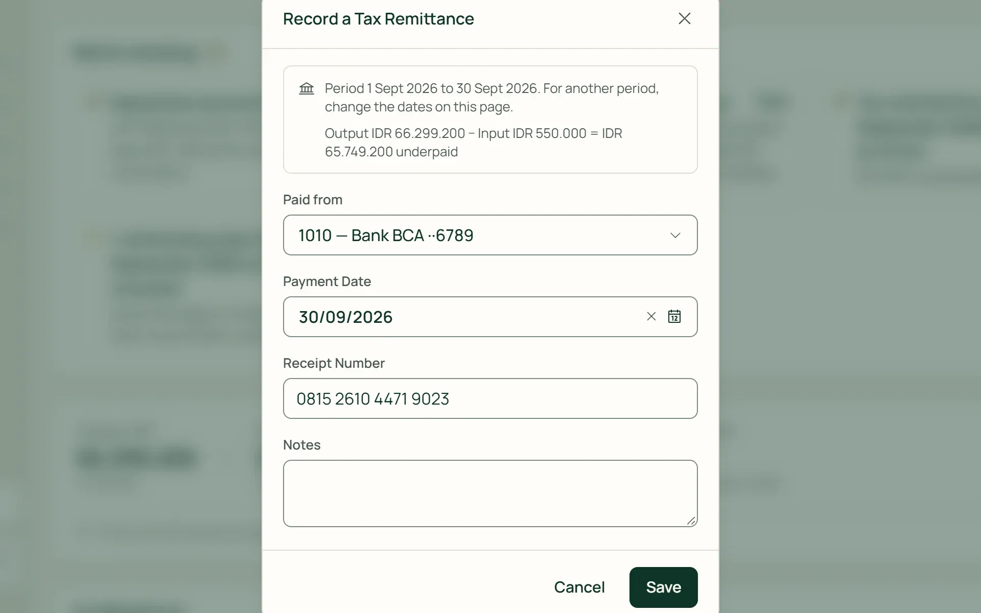 Recording a VAT payment in Tumra for one period, with the NTPN and the paying account.