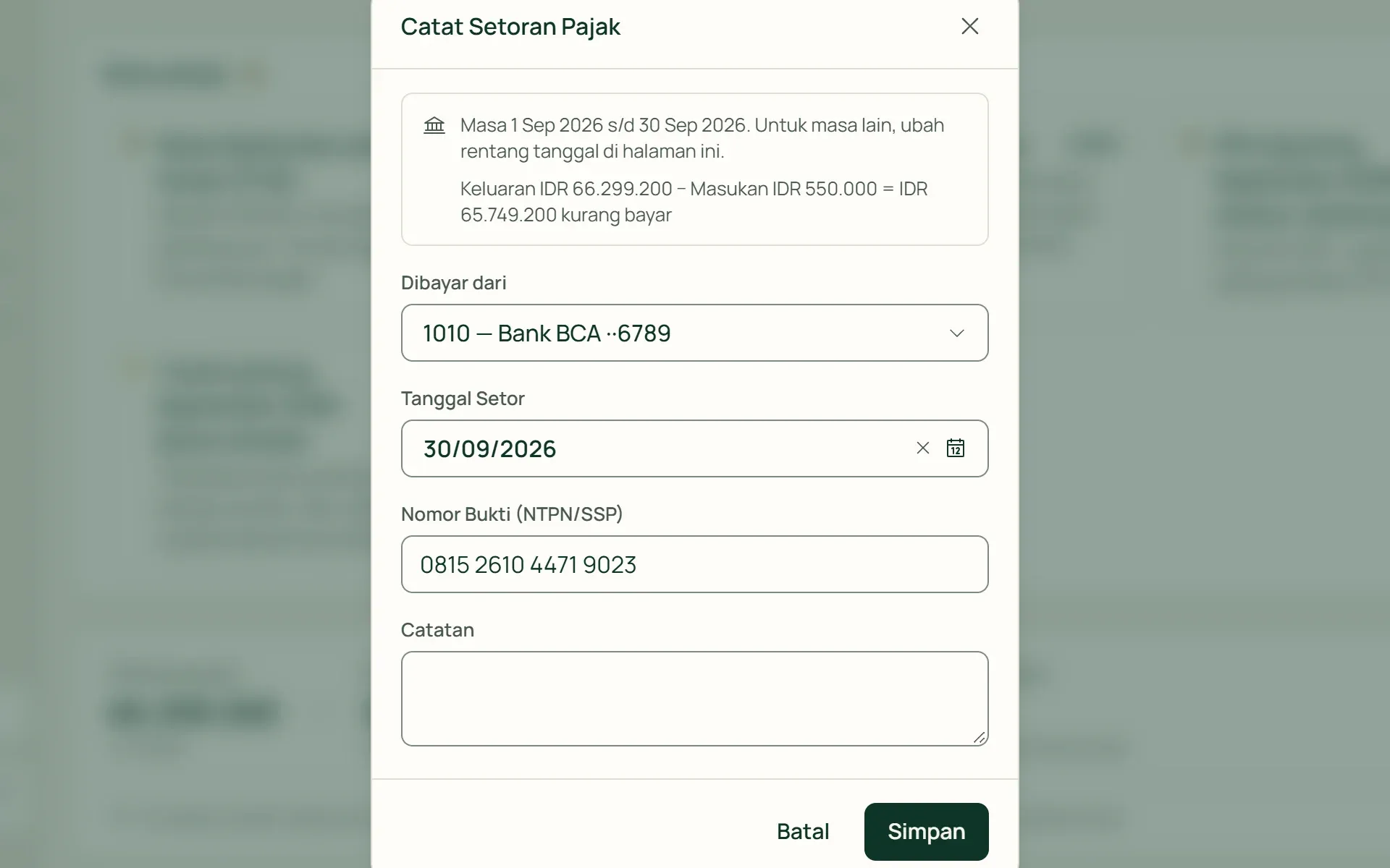 Pencatatan setoran PPN di Tumra untuk satu masa, dengan nomor NTPN dan rekening pembayar.