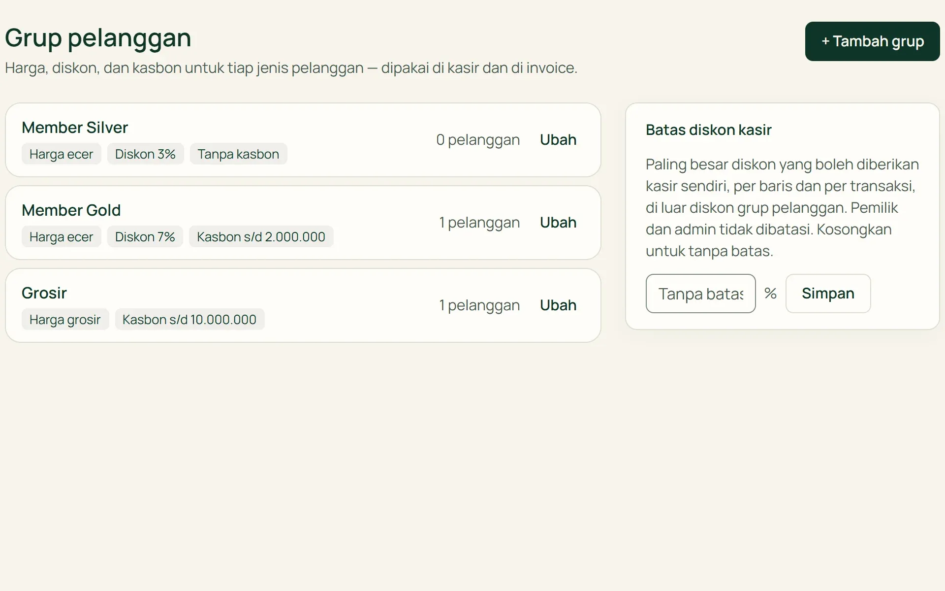Pengaturan grup pelanggan di Tumra: Member Silver, Member Gold, dan Grosir dengan diskon dan batas kasbon.