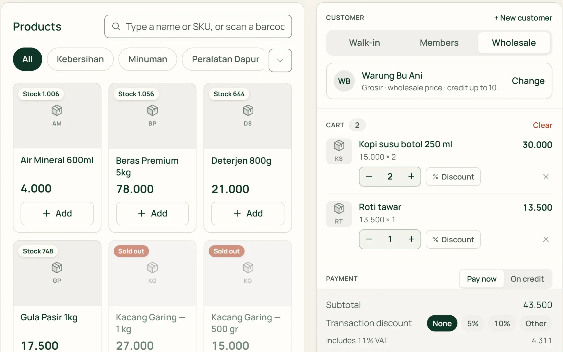 The Tumra counter with a wholesale customer selected and wholesale prices in the cart.