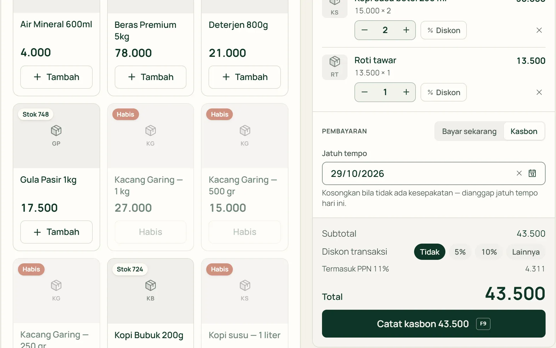 Mencatat kasbon di kasir Tumra dengan tanggal jatuh tempo.