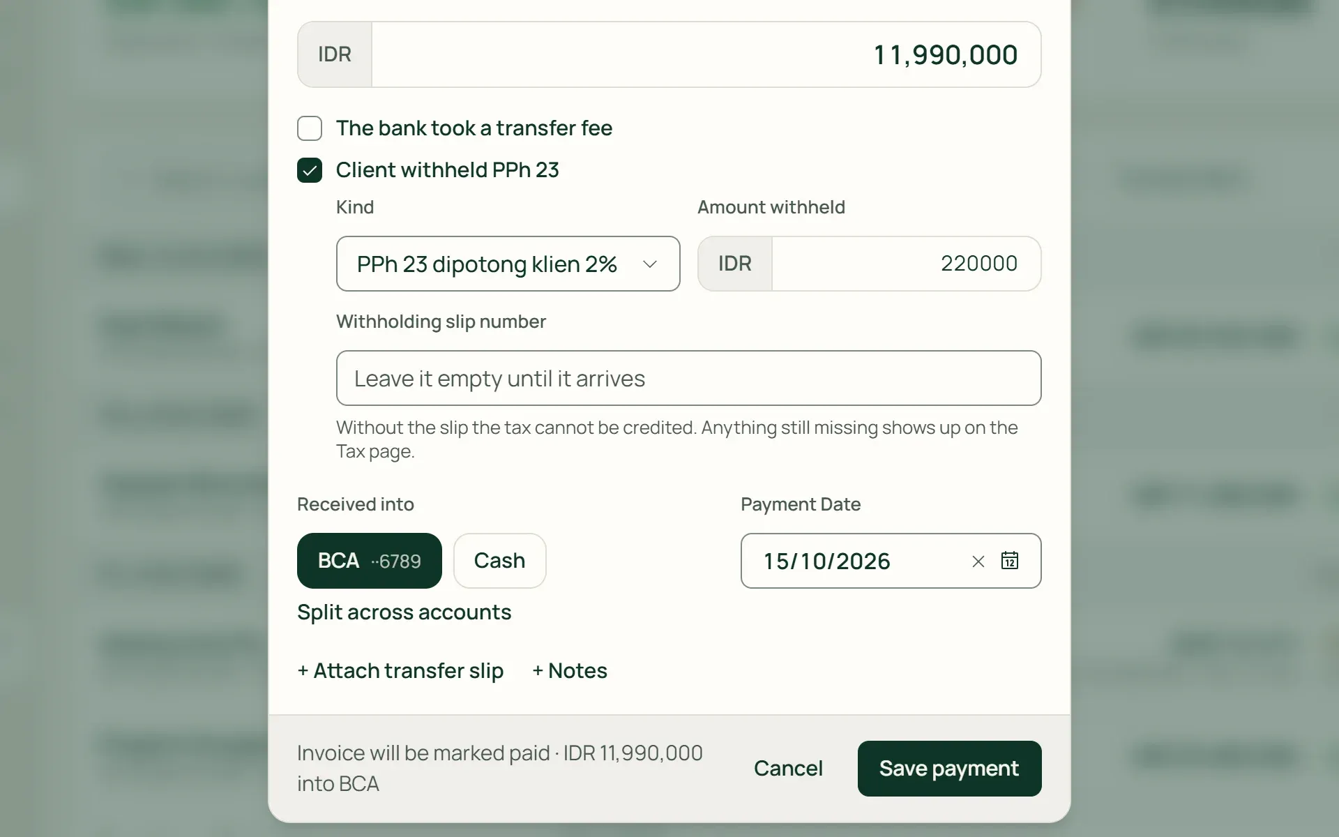 Recording a client payment with PPh 23 withheld in Tumra, with the invoice still recorded as paid.