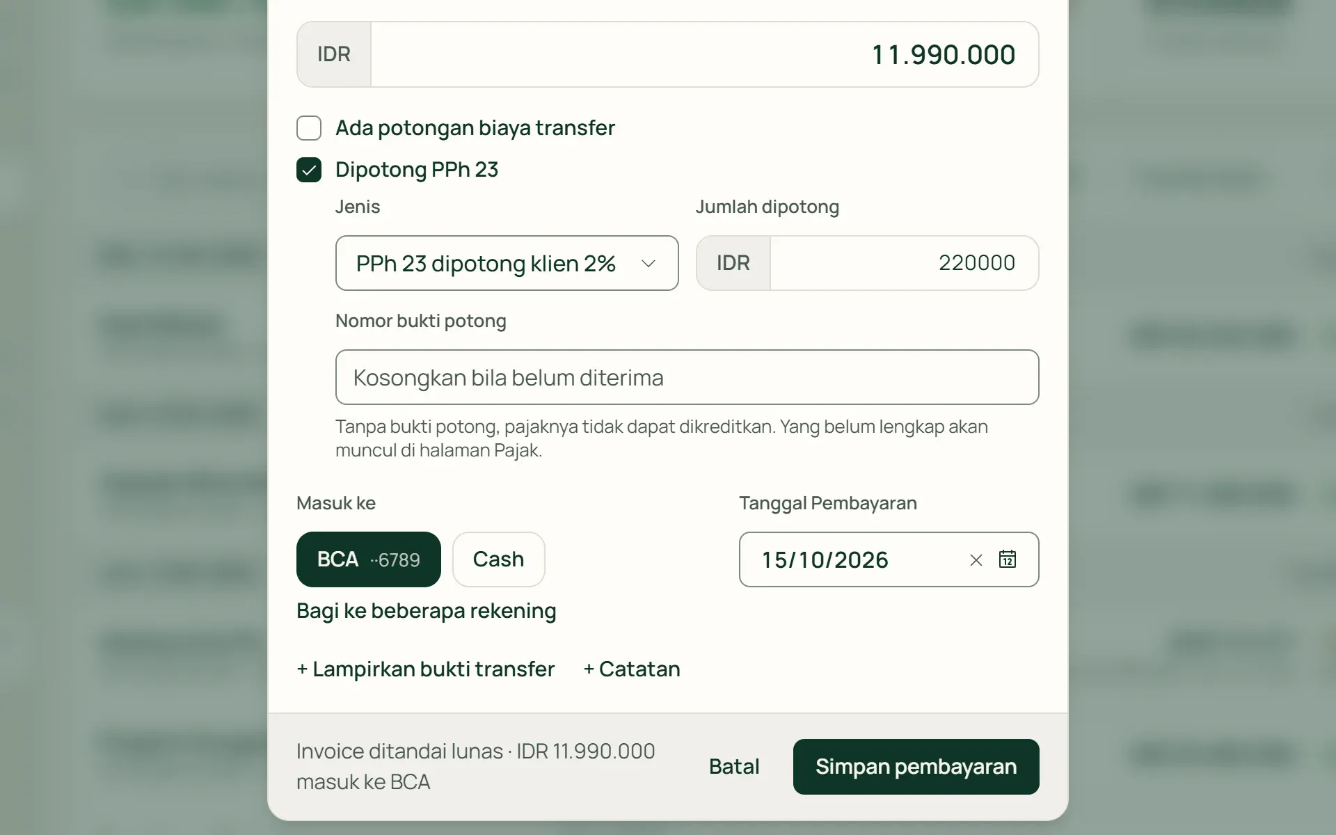 Mencatat pembayaran klien dengan PPh 23 dipotong di Tumra, invoice tetap tercatat lunas.