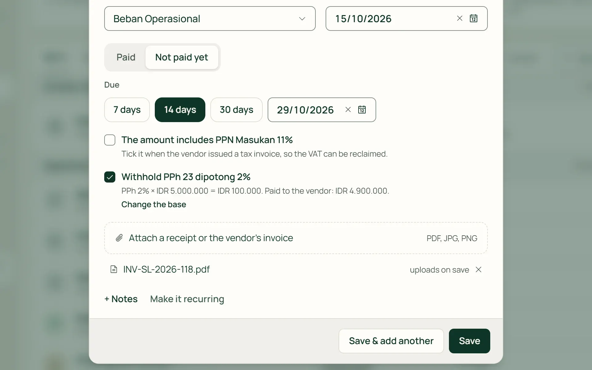 A new expense form in Tumra: an unpaid vendor bill with PPh 23 and an attachment.