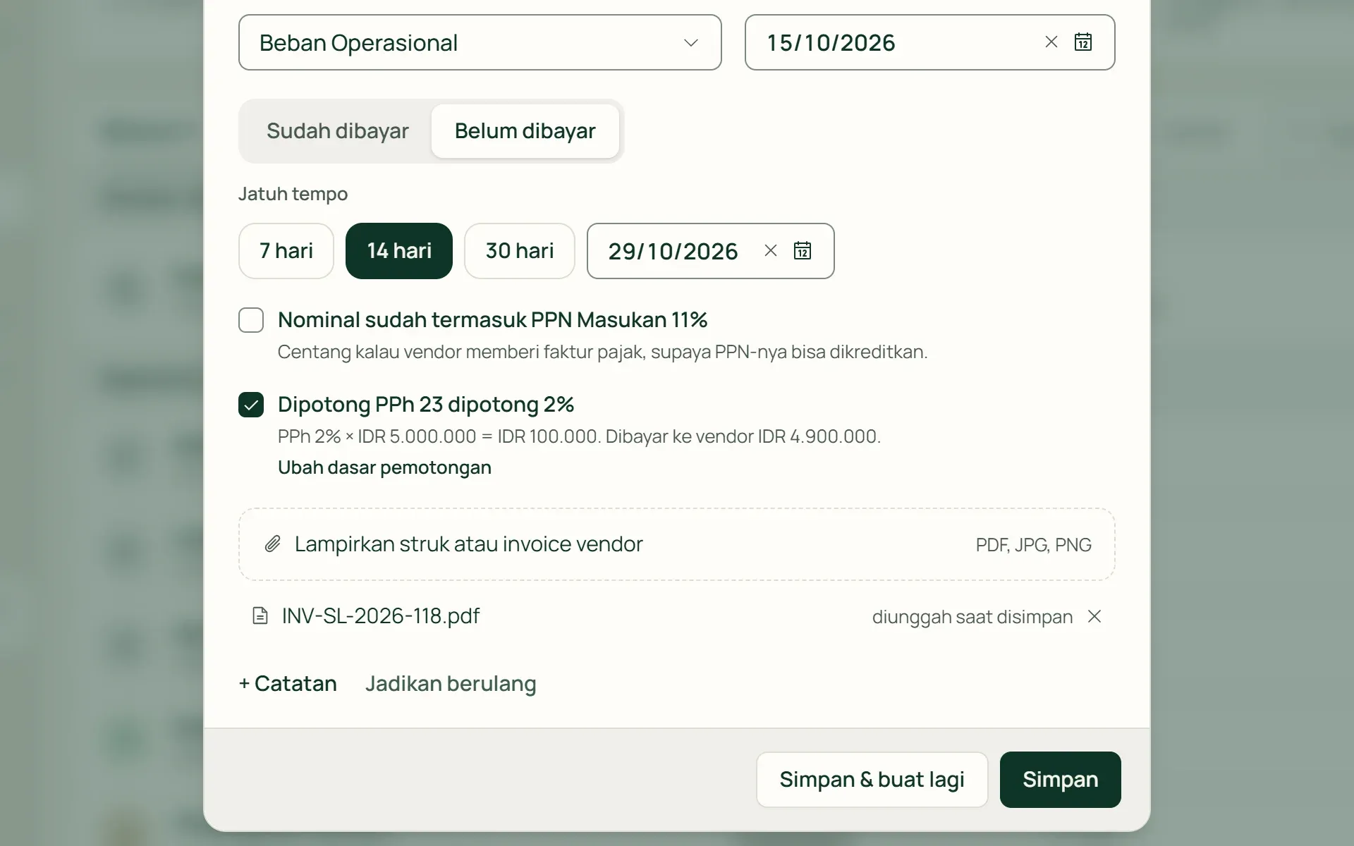 Form pengeluaran baru di Tumra: tagihan vendor belum dibayar dengan PPh 23 dan lampiran.