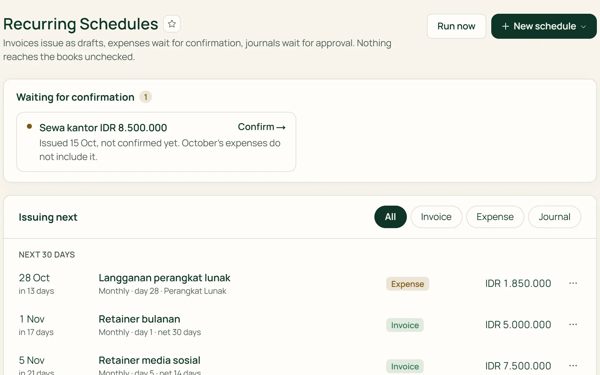 Recurring schedules in Tumra: office rent waiting for confirmation before it is recorded.