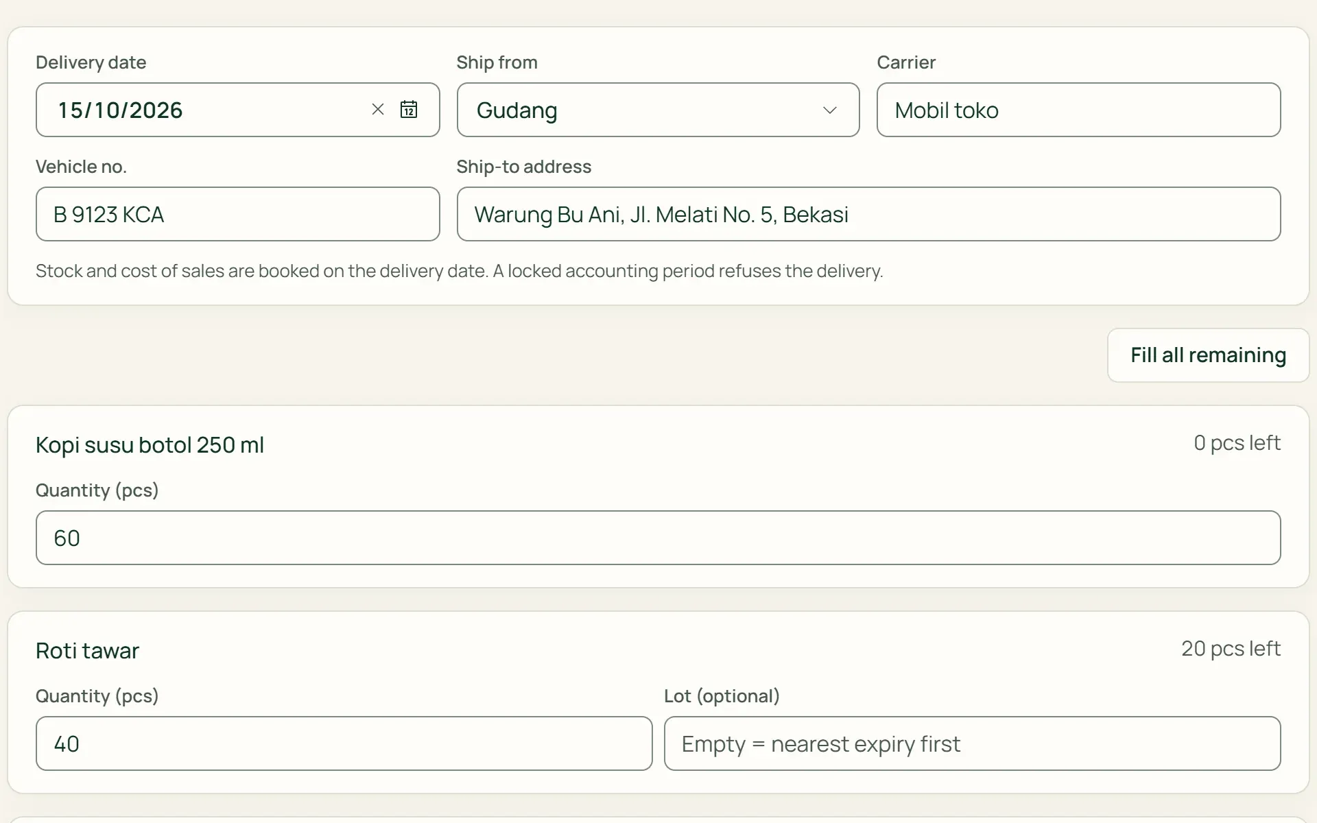 A delivery form in Tumra: a partial delivery from the warehouse with a carrier and batch.