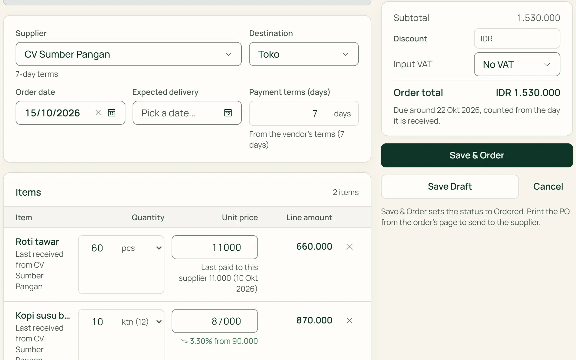 A new purchase order in Tumra filled from items running low, with the supplier's last price.