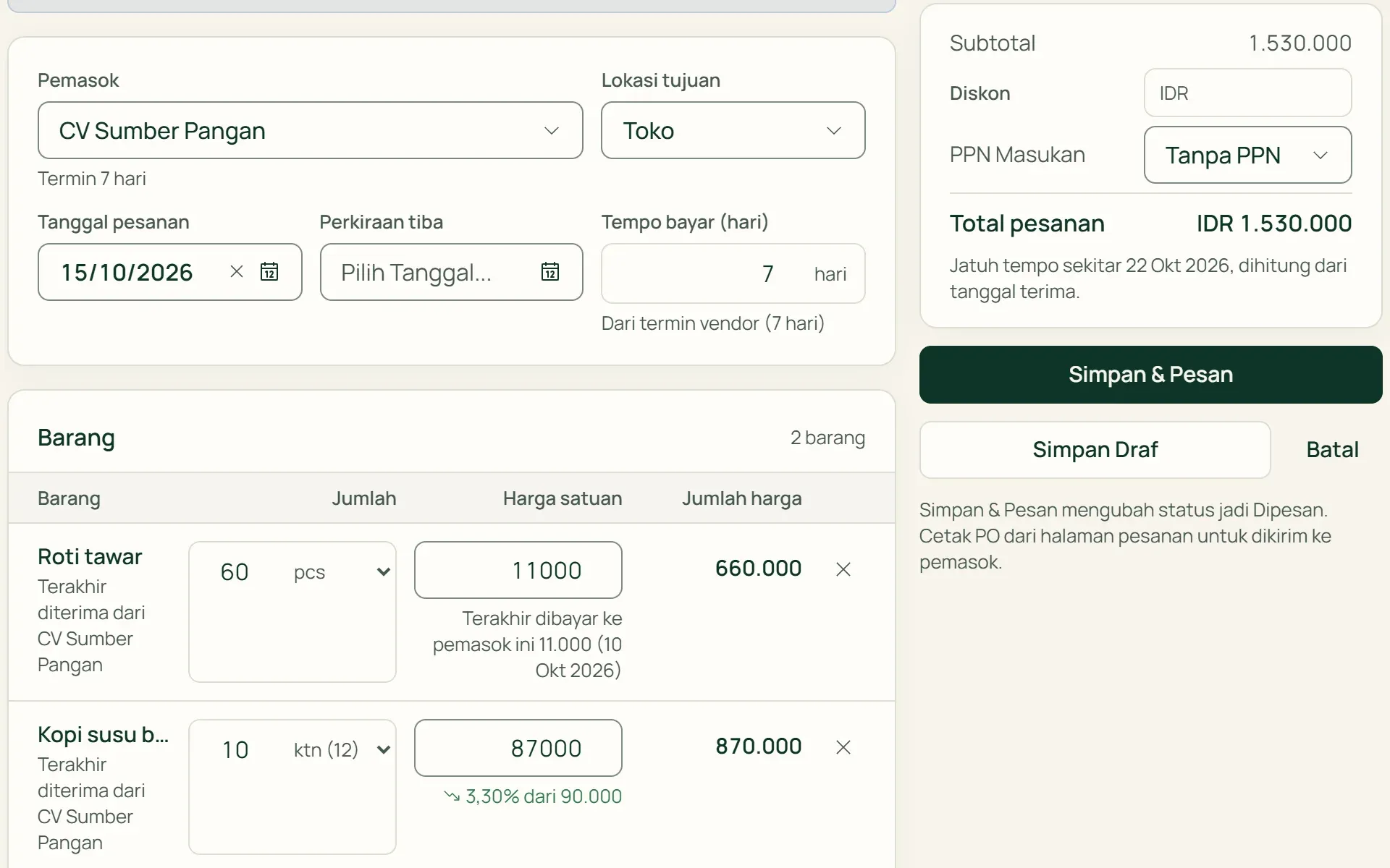 Purchase order baru di Tumra yang diisi dari barang dengan stok menipis, lengkap dengan harga terakhir pemasok.
