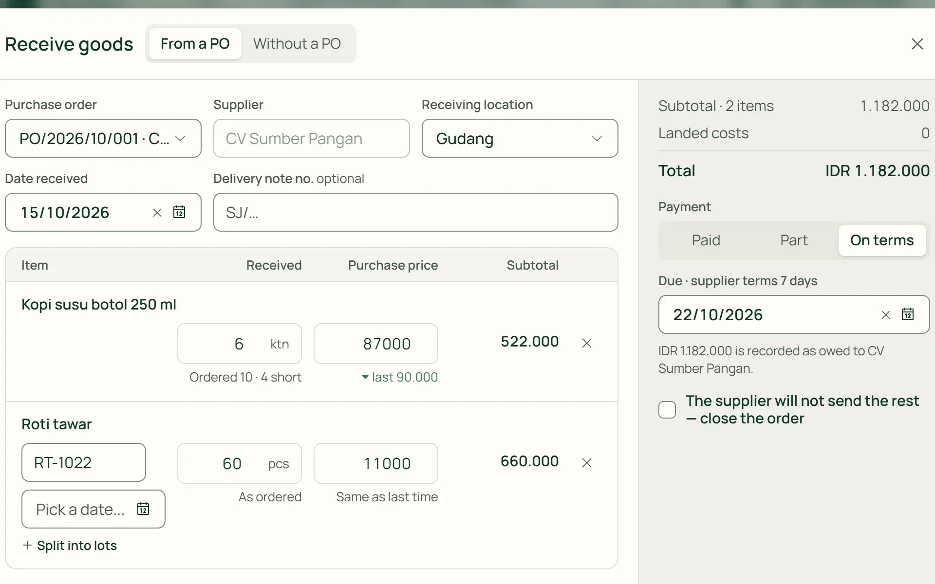 A partial goods receipt from a purchase order in Tumra, recorded as owed to the supplier.