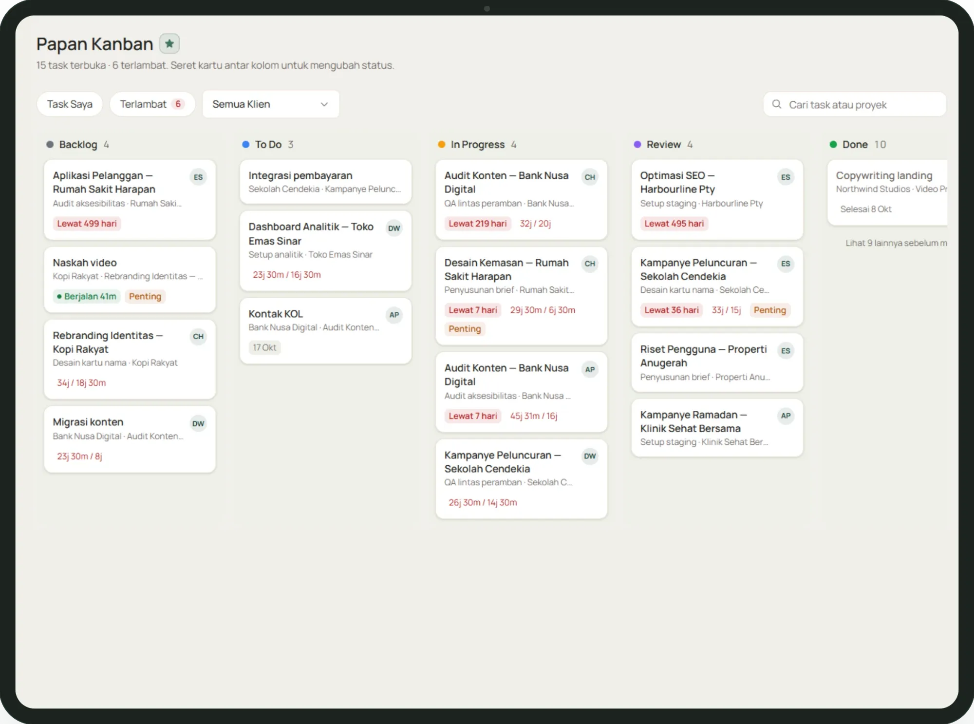 Papan kanban Tumra dengan kolom Backlog, To Do, In Progress, Review, dan Done.