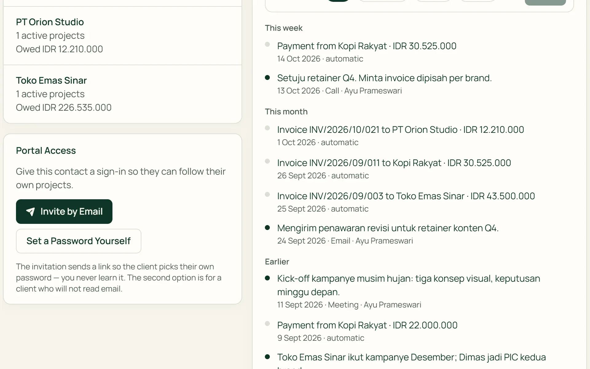 A contact page in Tumra with buttons to invite the client to the portal by email.