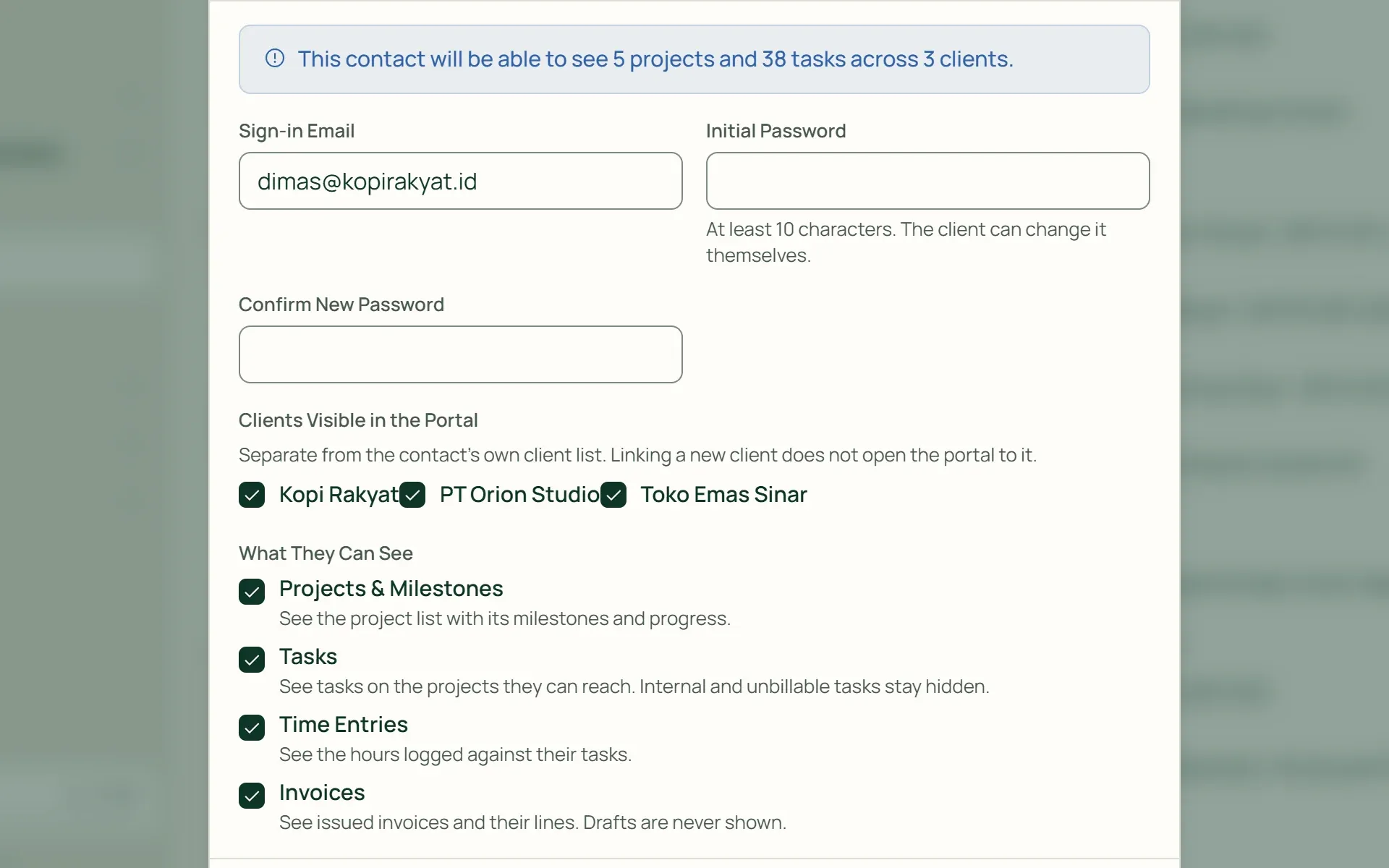 Portal access settings in Tumra: ticking projects, tasks, time entries, and invoices for one contact.