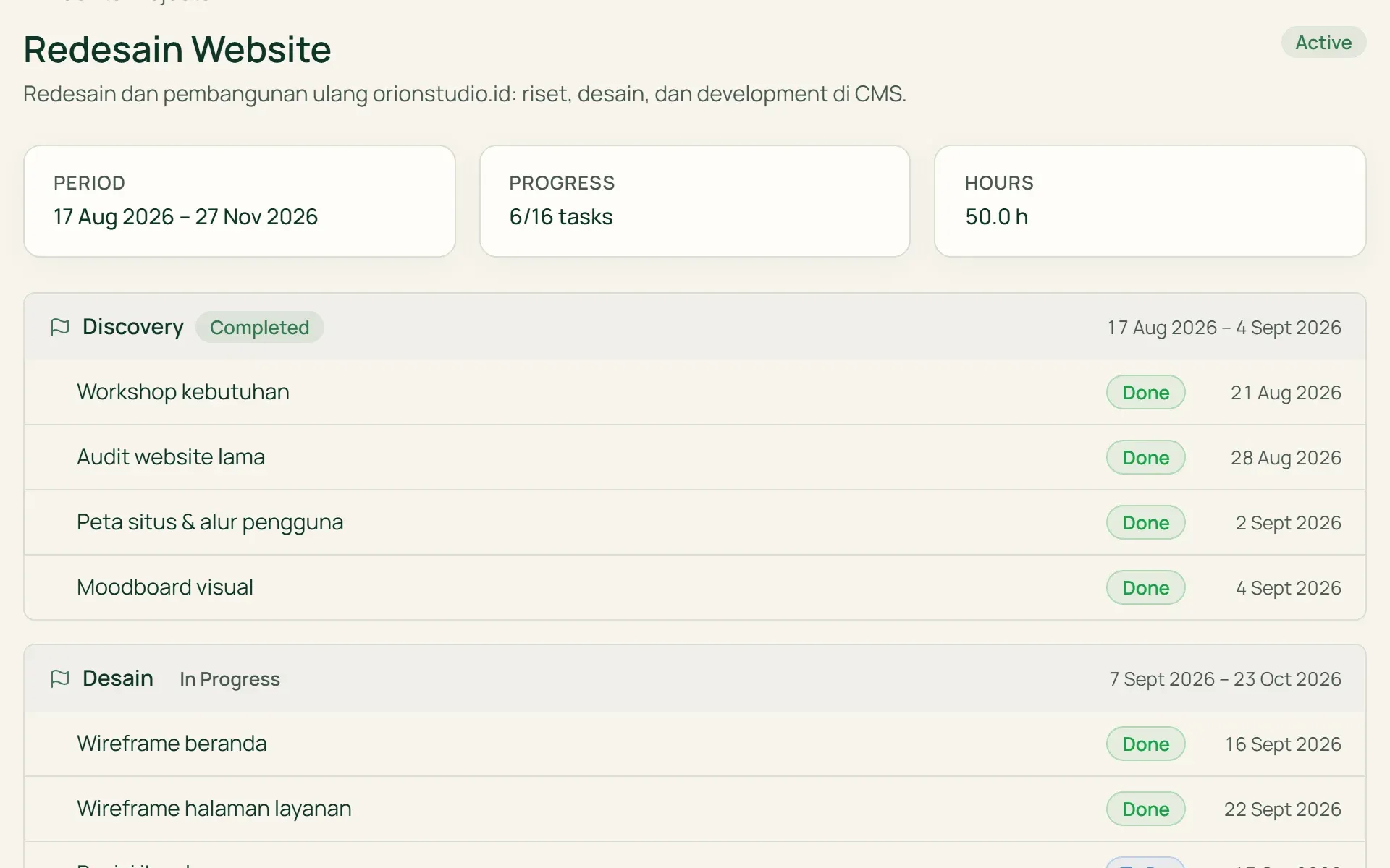 Tumra's client portal: a project with milestones, tasks, assets, and comments.