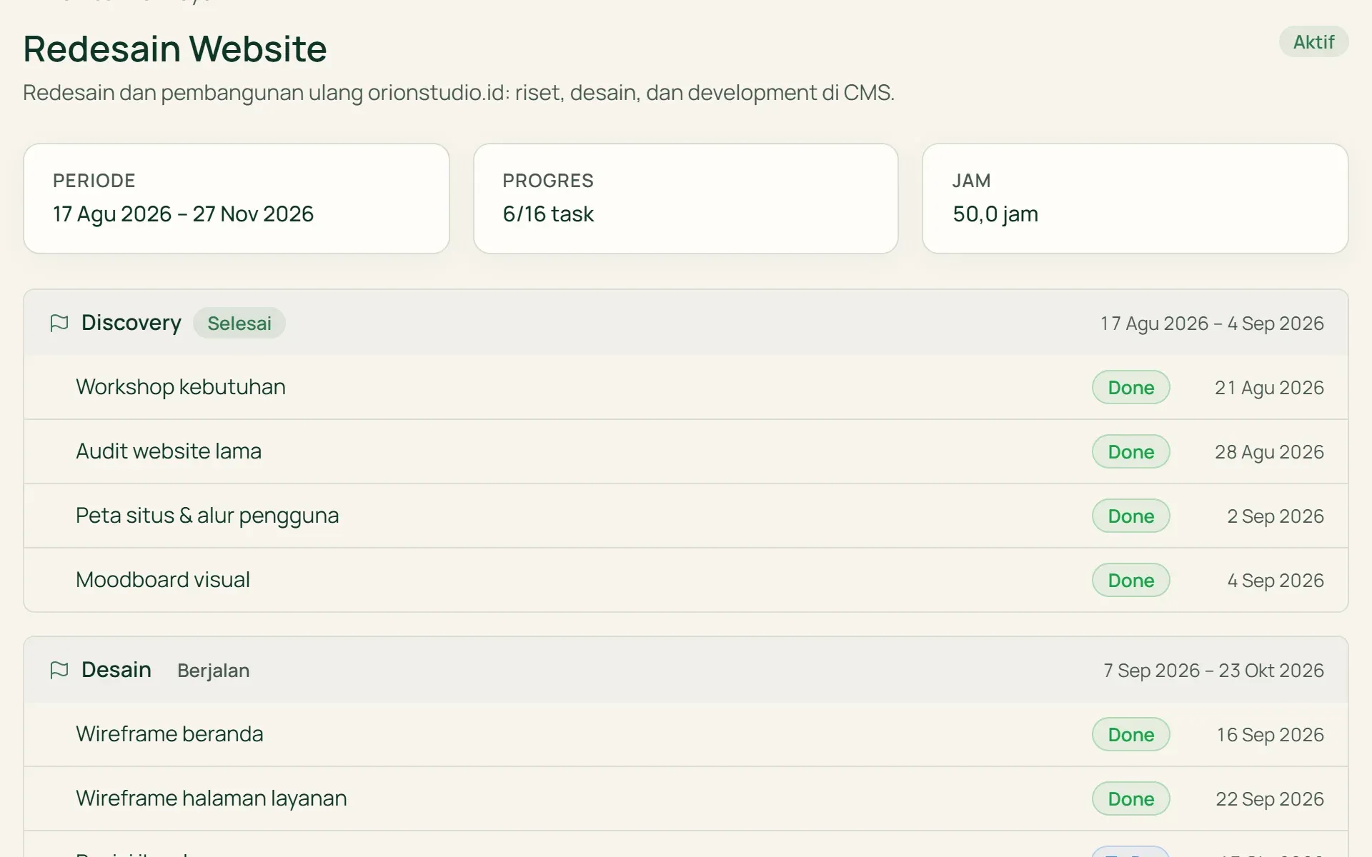 Portal klien Tumra: proyek dengan milestone, task, aset, dan komentar.