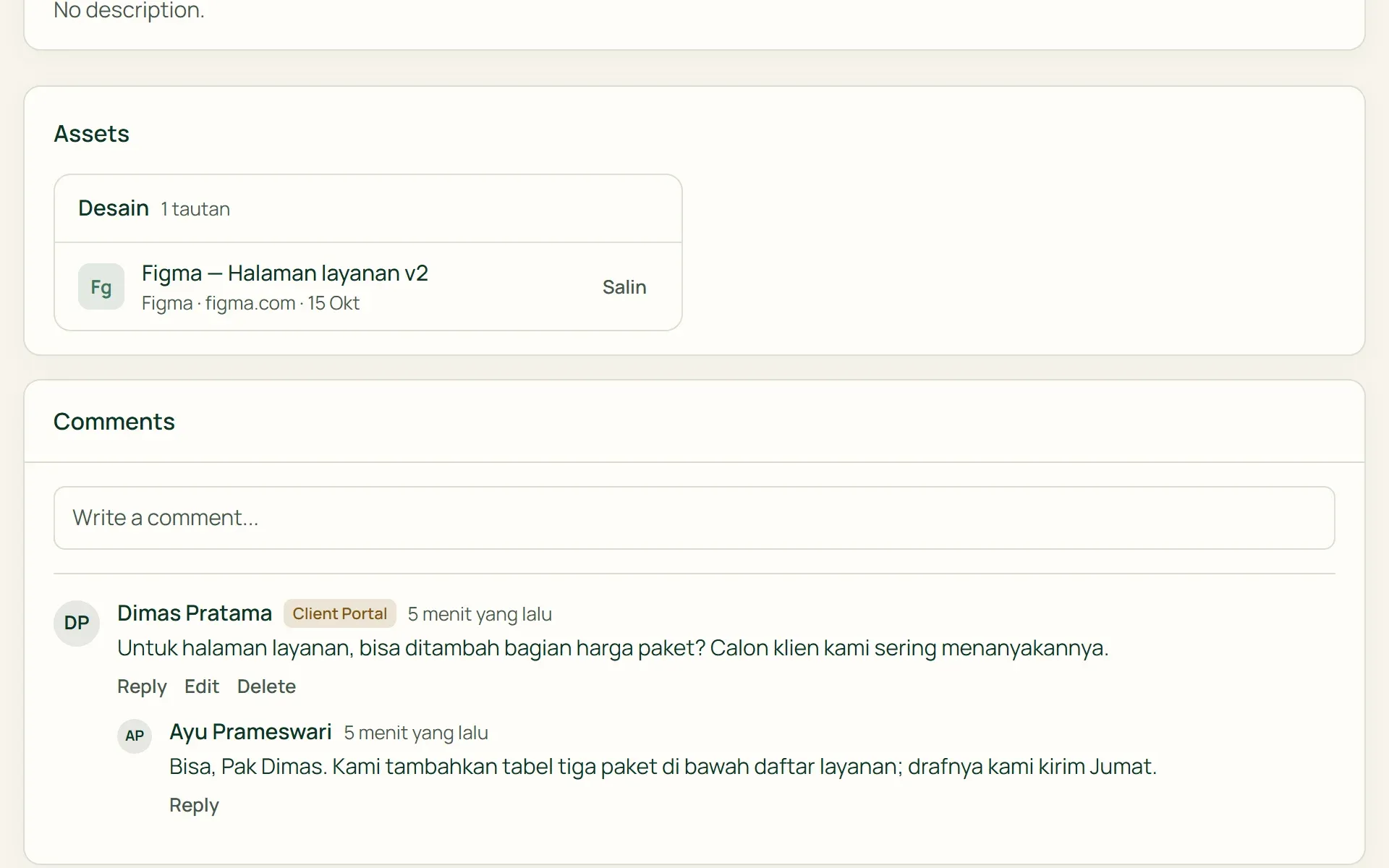 A client commenting directly on a task through Tumra's client portal.