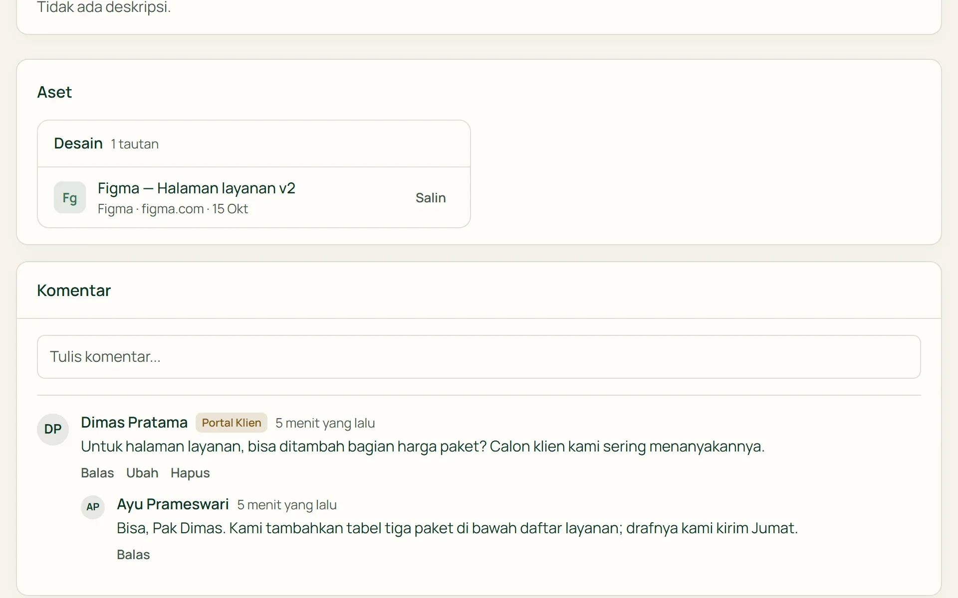 Klien berkomentar langsung di task melalui portal klien Tumra.