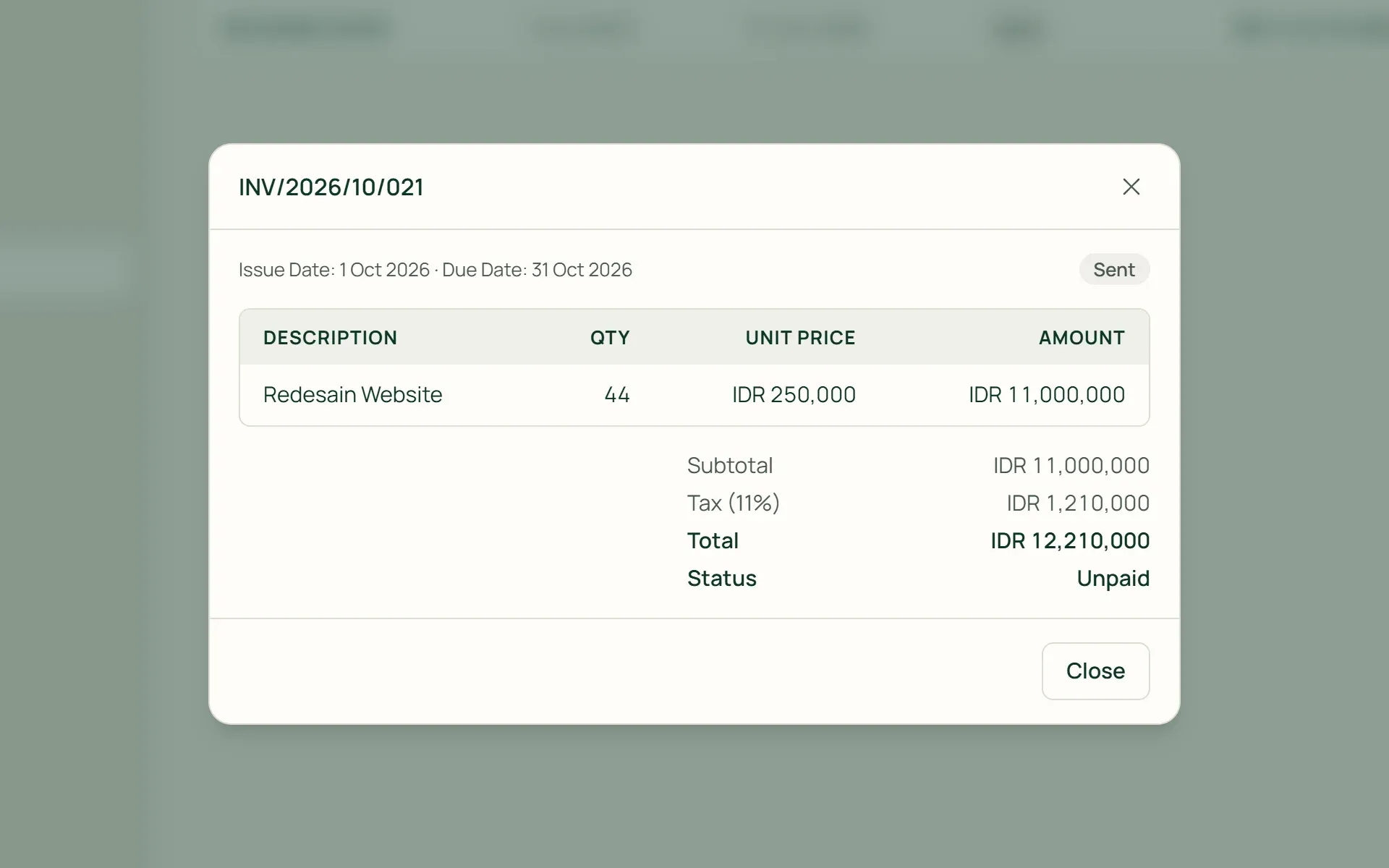 The invoice list in Tumra's client portal with one invoice's details open.