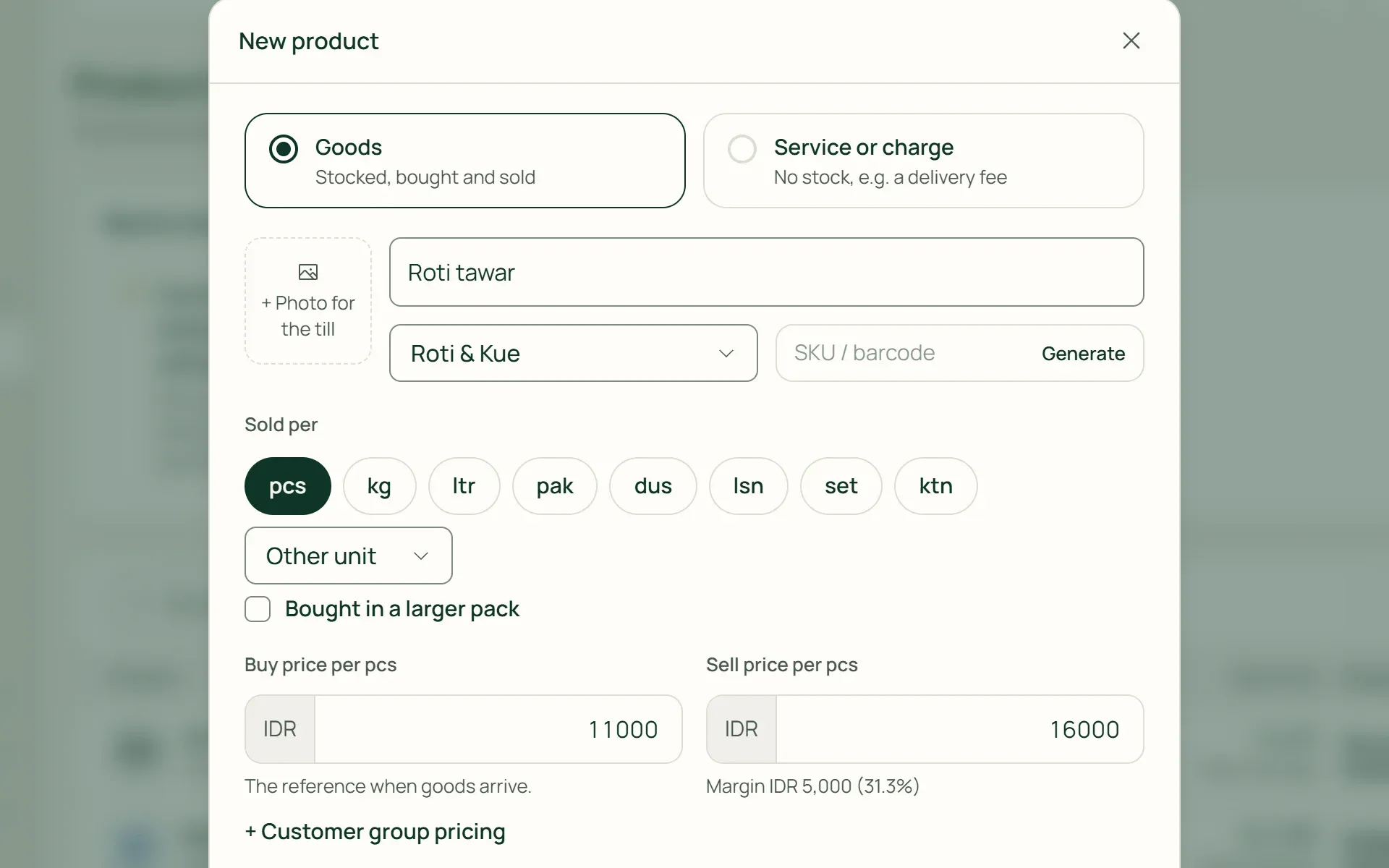 A new product form in Tumra with sell price, buy price, wholesale price, and batch tracking.