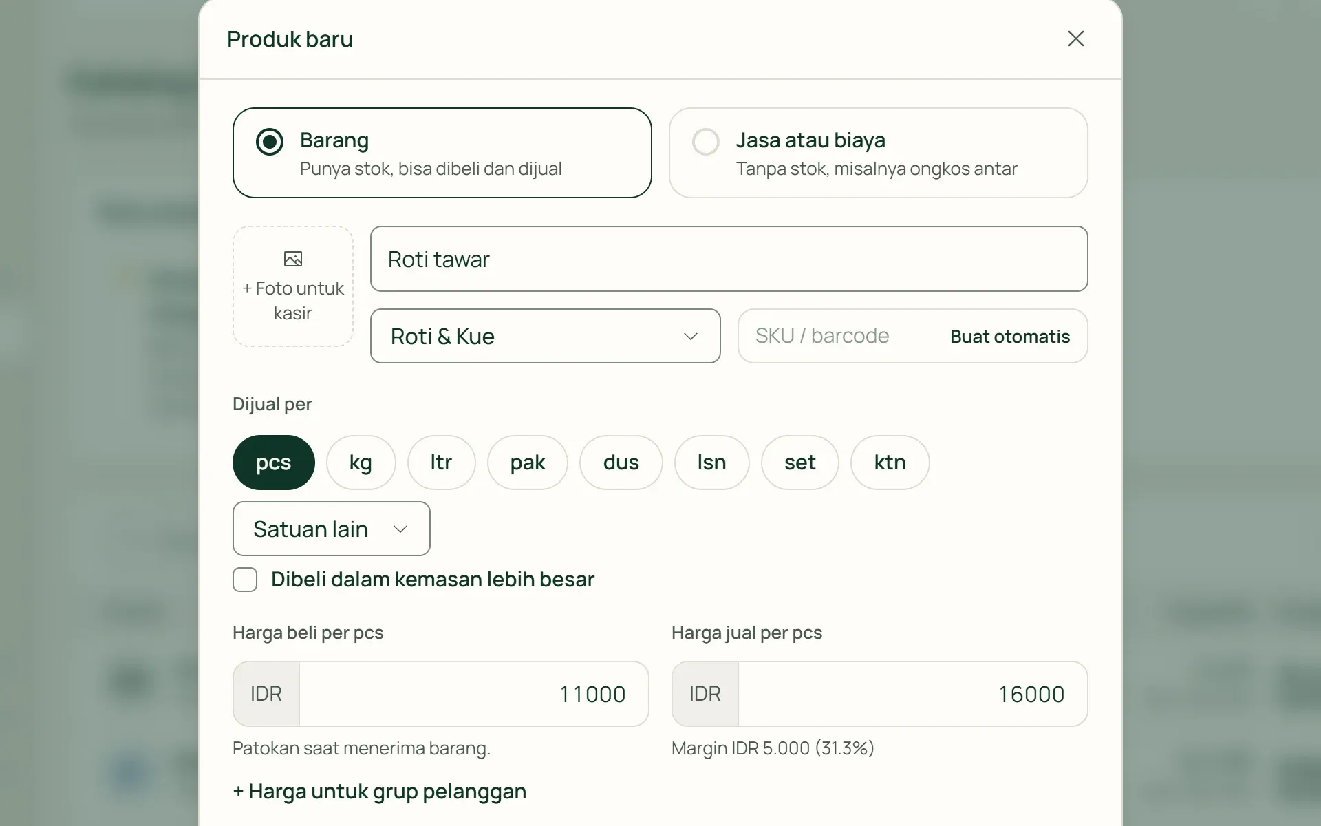 Form produk baru di Tumra dengan harga jual, harga beli, harga grosir, dan pelacakan batch.