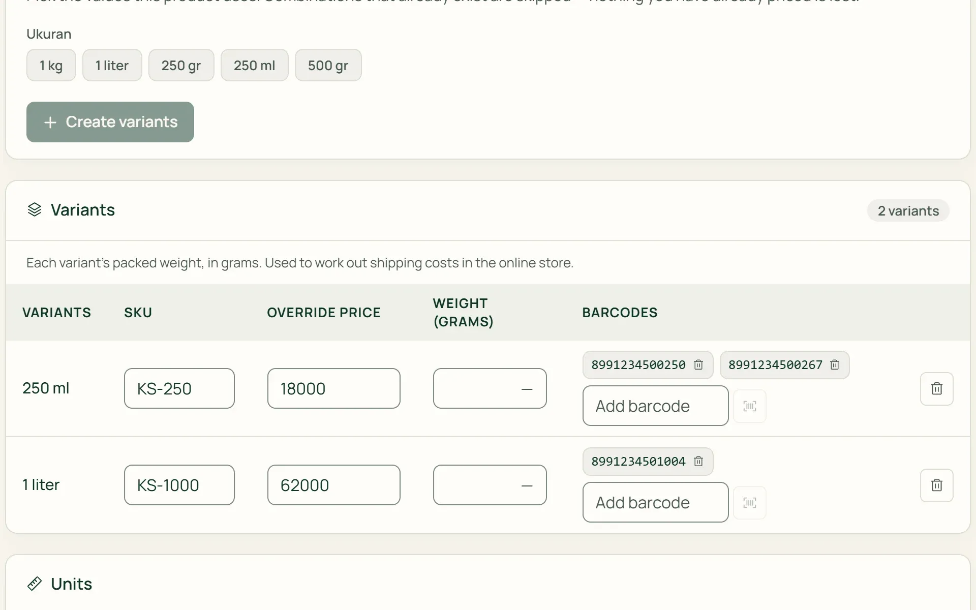 Product variants in Tumra: SKU, override price, and several barcodes per size.