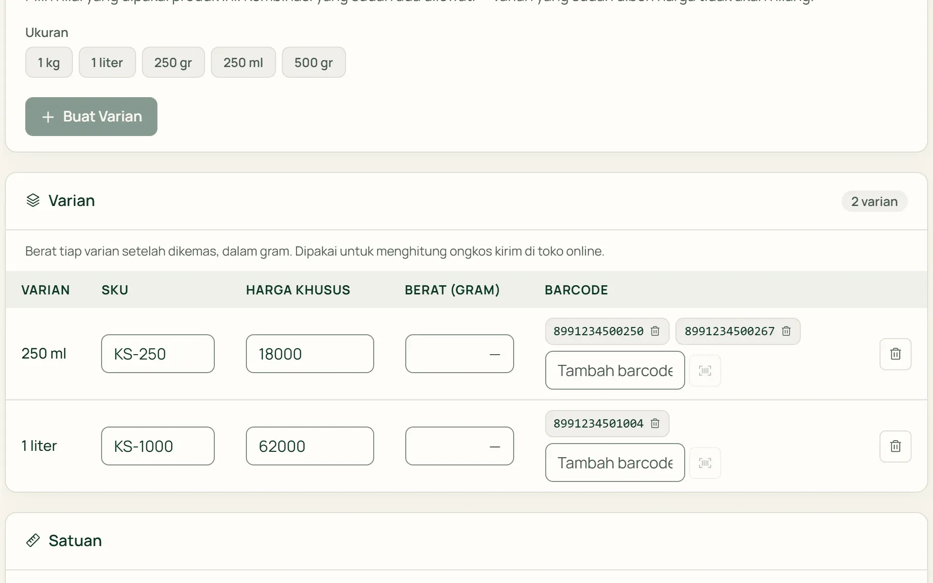 Varian produk di Tumra: SKU, harga khusus, dan beberapa barcode per ukuran.