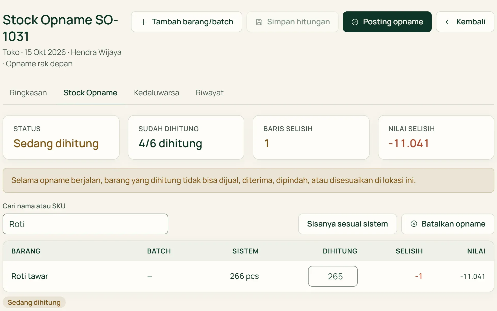 Stock opname di Tumra: jumlah sistem, jumlah dihitung, dan nilai selisih per barang.