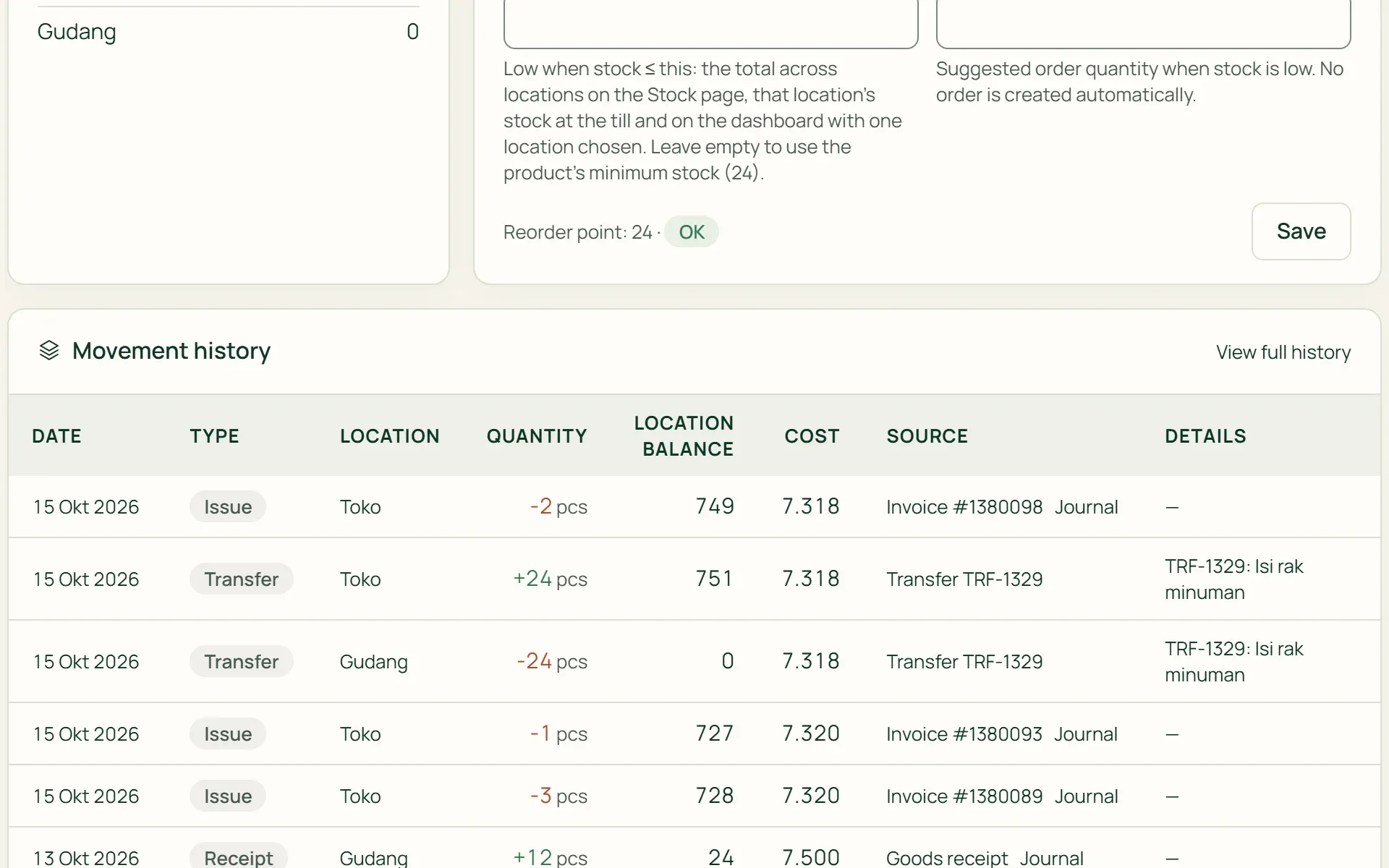 A stock card in Tumra: stock by location, average cost, and the history of every movement.
