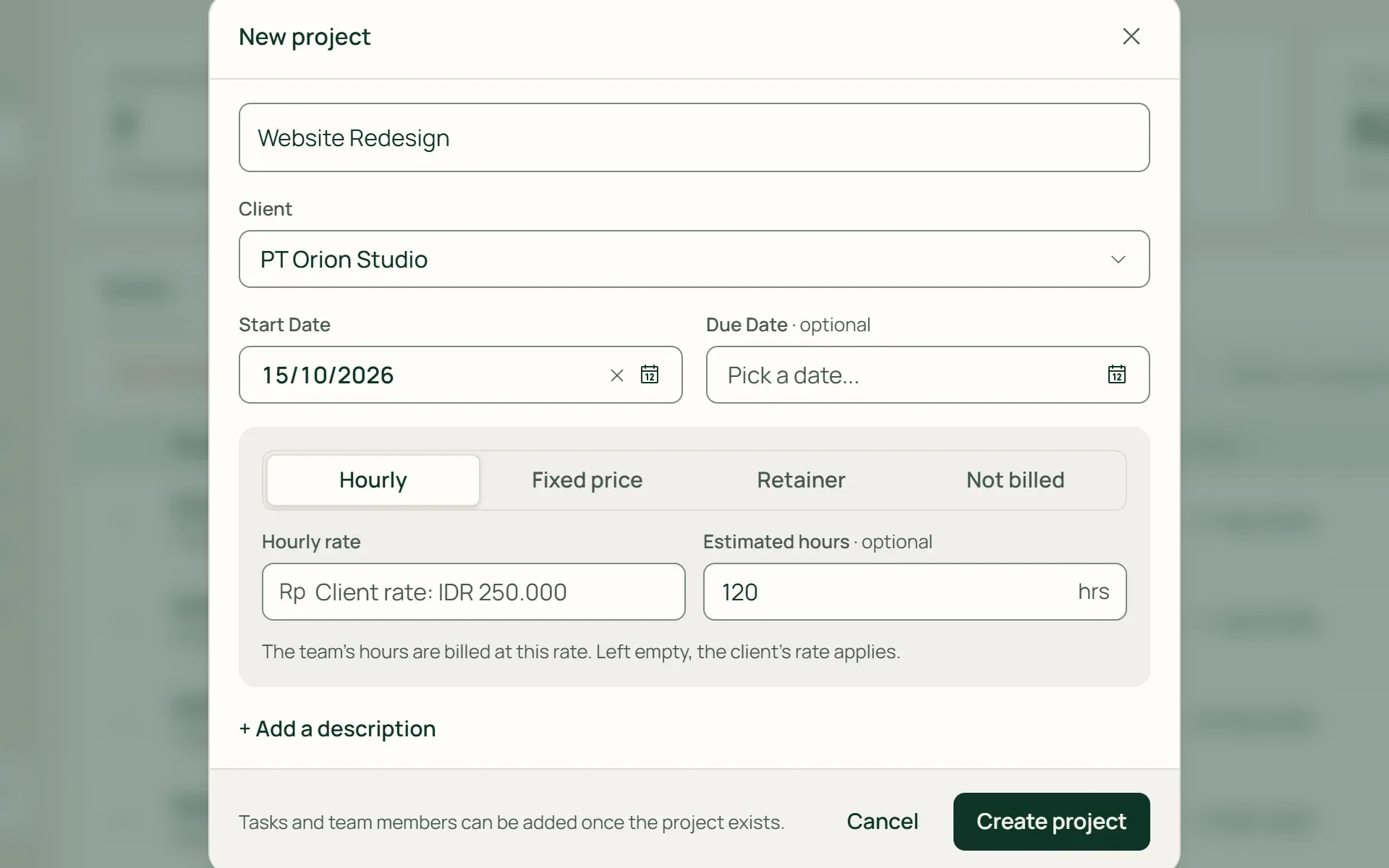 The new project form in Tumra with billing by the hour, fixed price, retainer, or not billed.