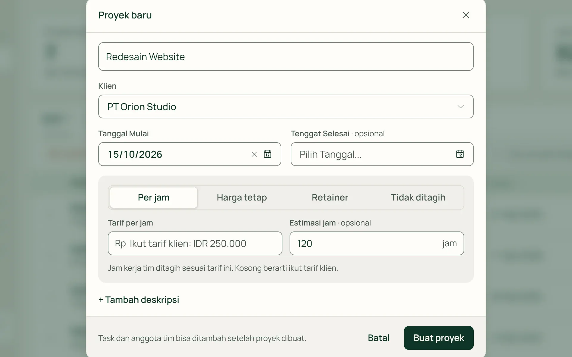 Form proyek baru di Tumra dengan pilihan tagihan per jam, harga tetap, retainer, atau tidak ditagih.