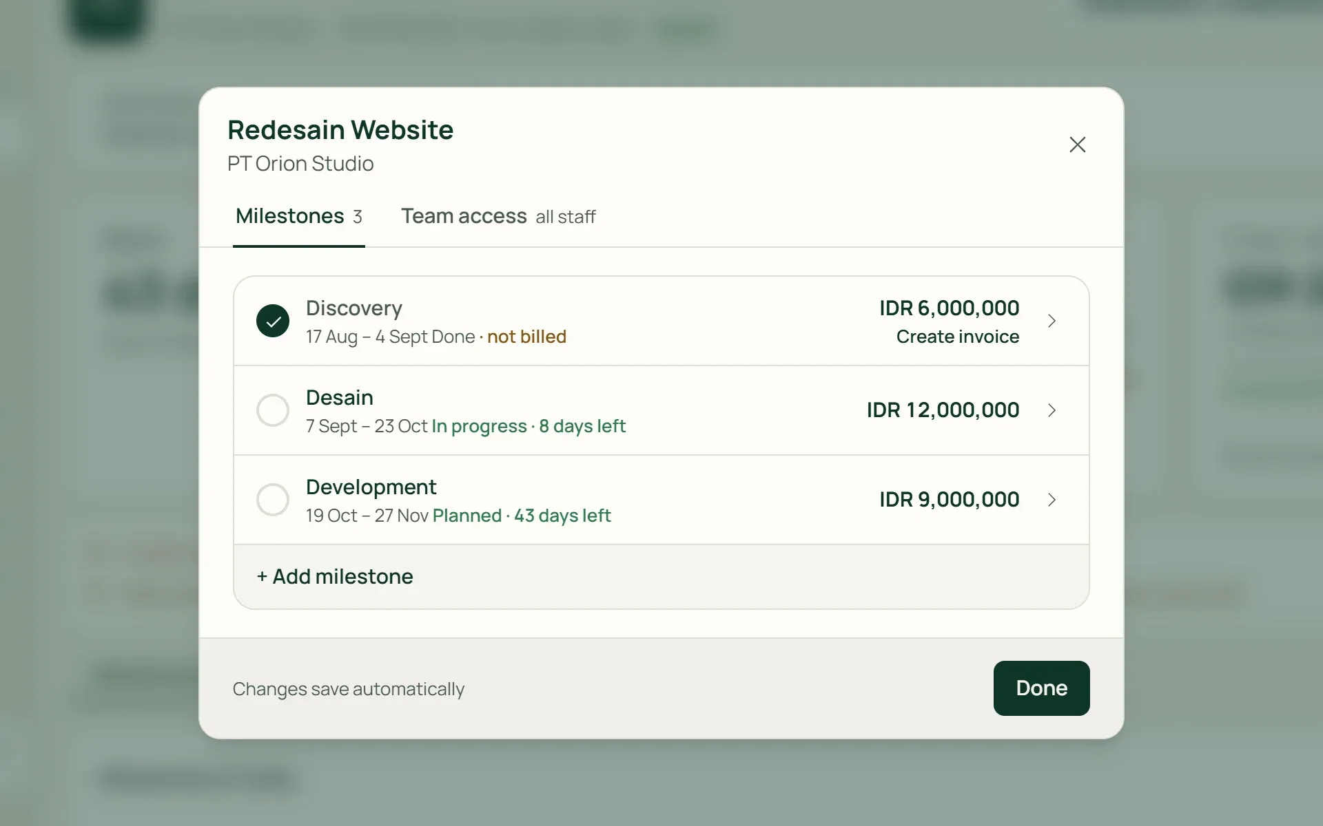 Project milestones in Tumra, each with its date, status, and fee.