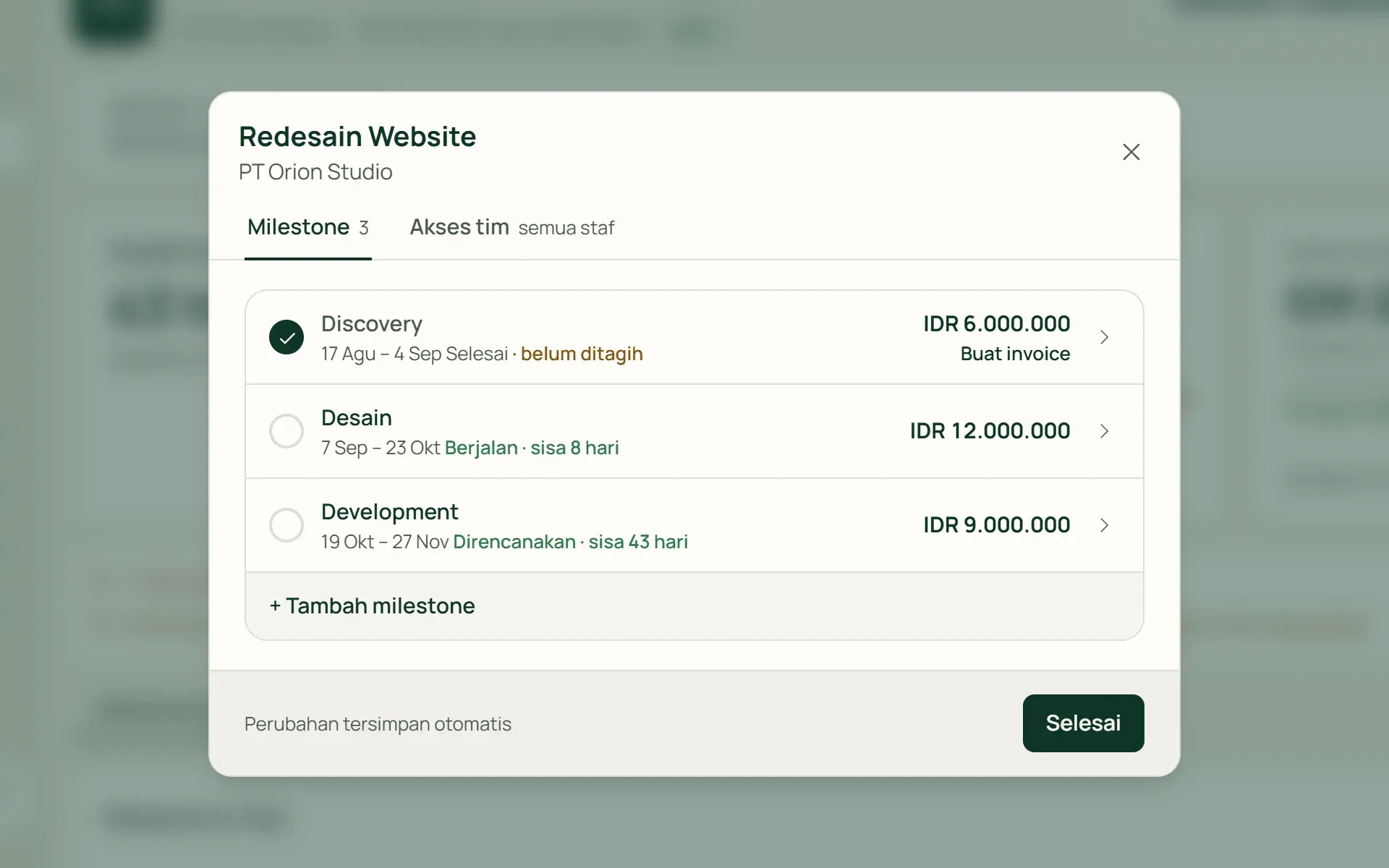 Milestone proyek di Tumra dengan tanggal, status, dan fee masing-masing.