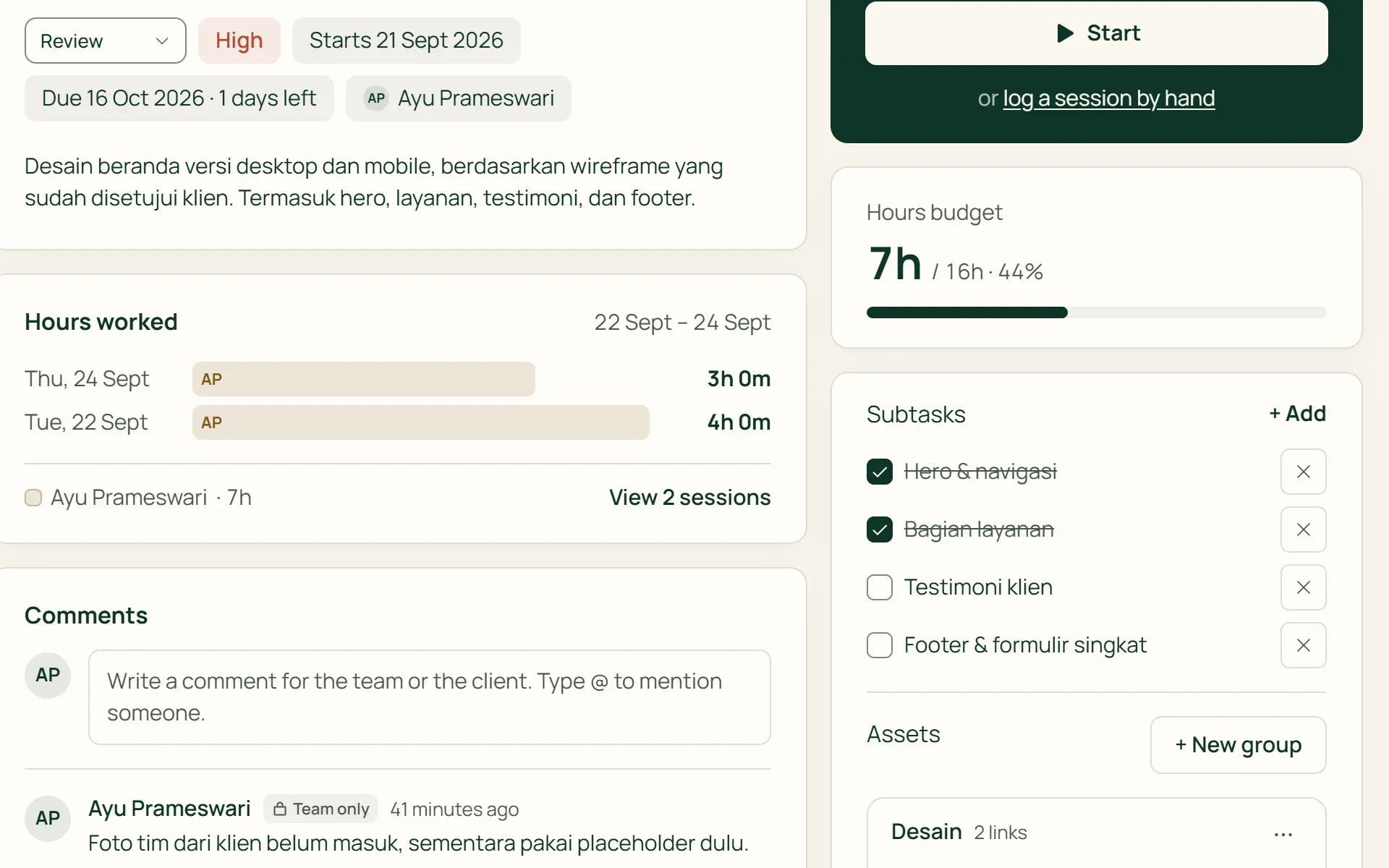 A task page in Tumra with subtasks, asset links, and team comments.