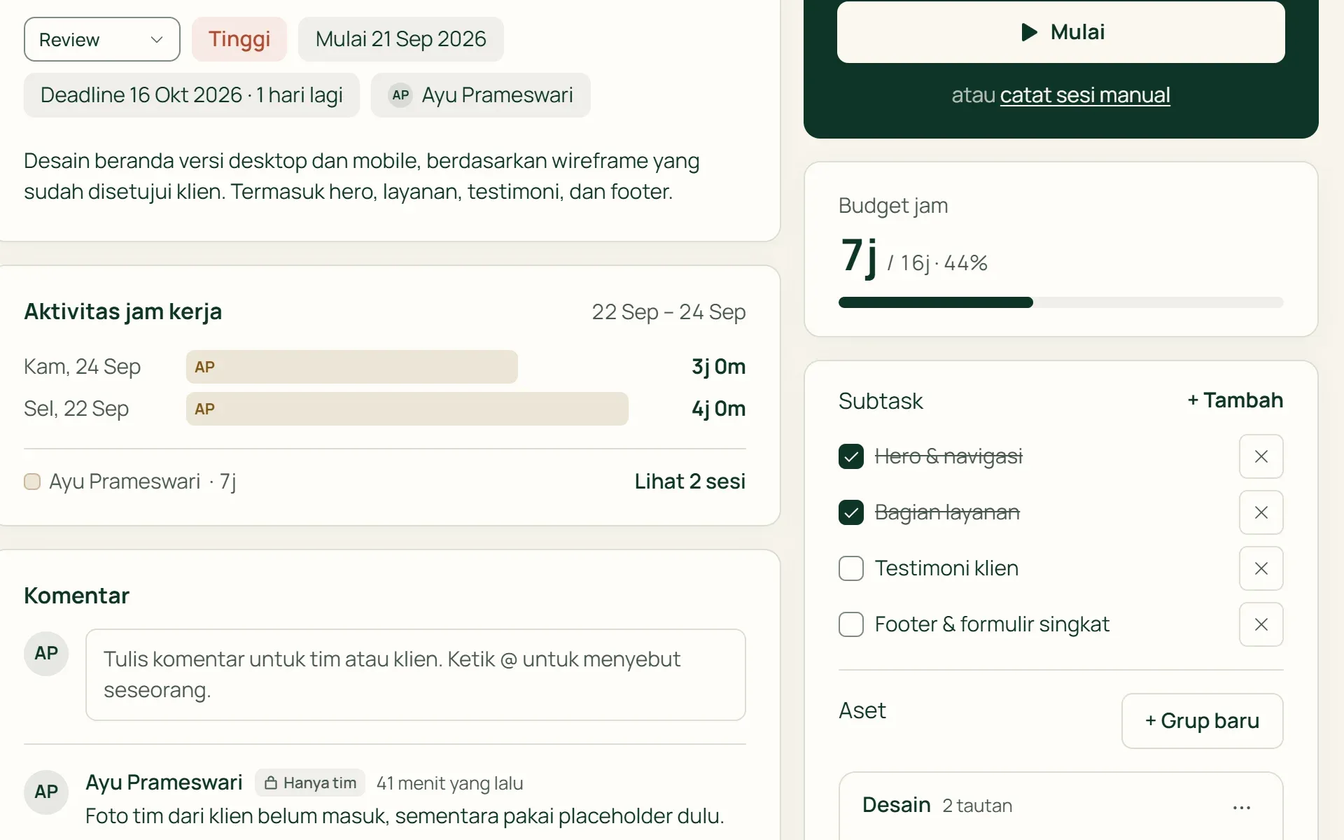 Halaman task di Tumra dengan subtask, tautan aset, dan komentar tim.