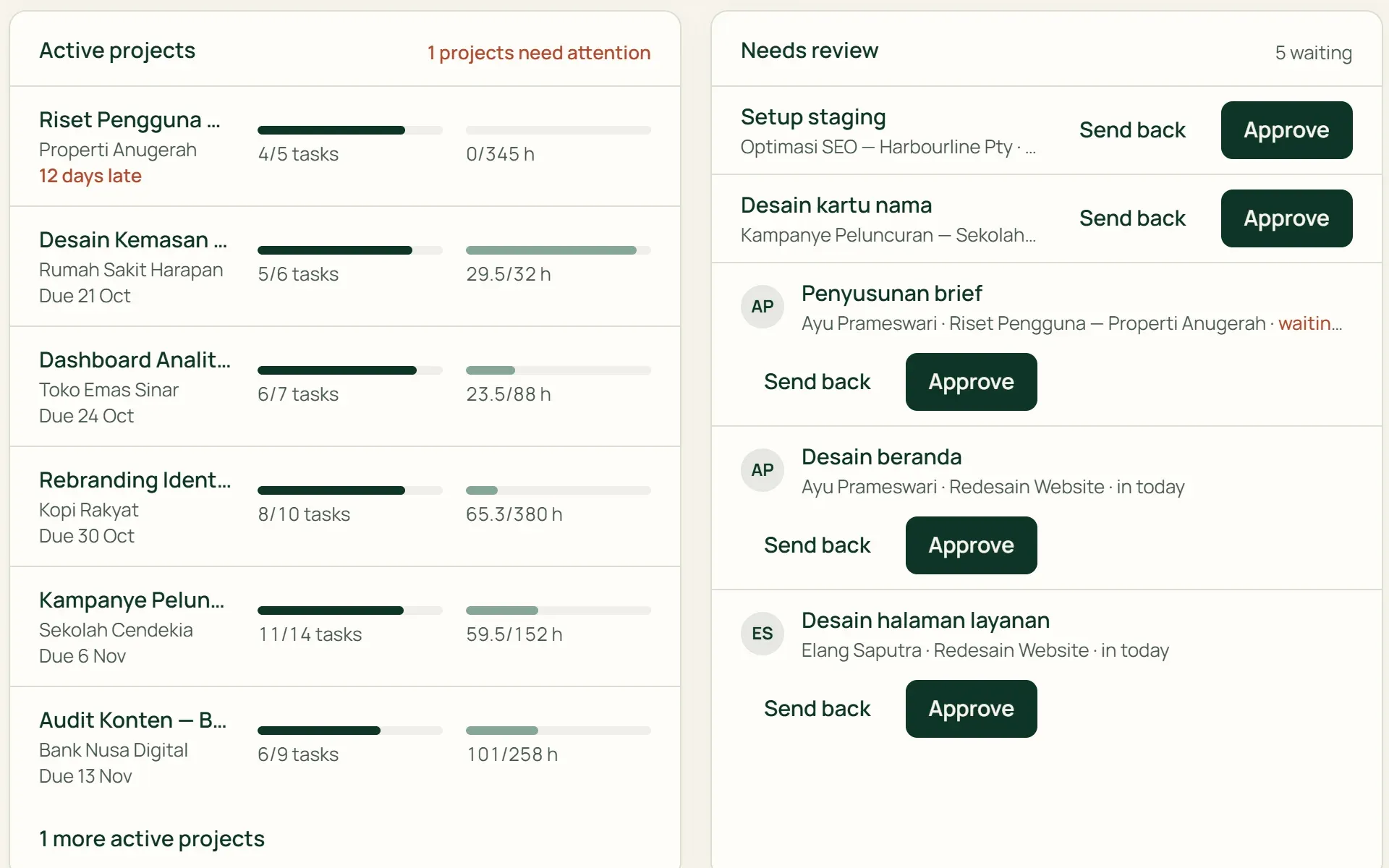 The Tumra dashboard with tasks awaiting review and active projects that need attention.