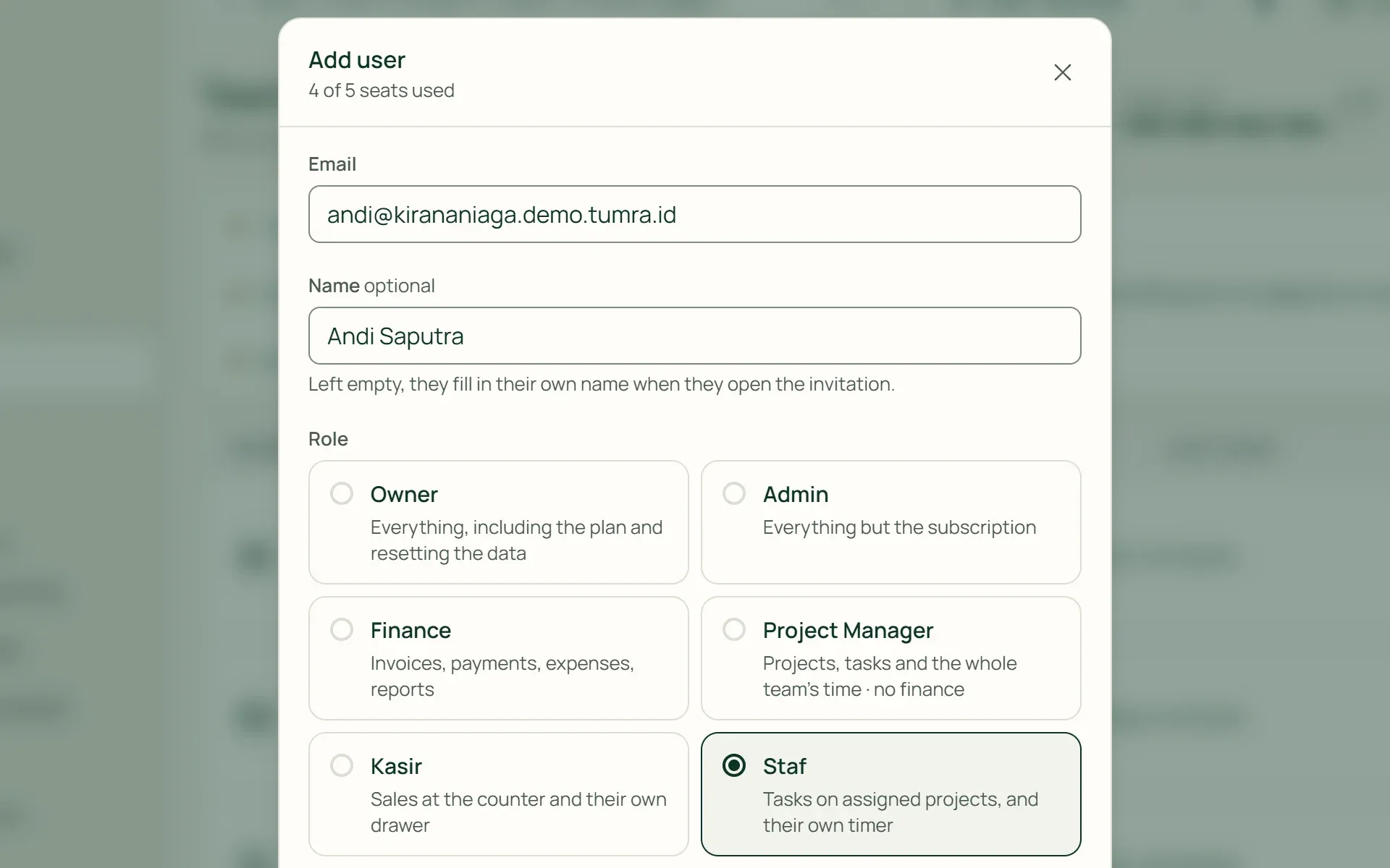 The add user form in Tumra: email, role choice, and an email invitation valid for 7 days.
