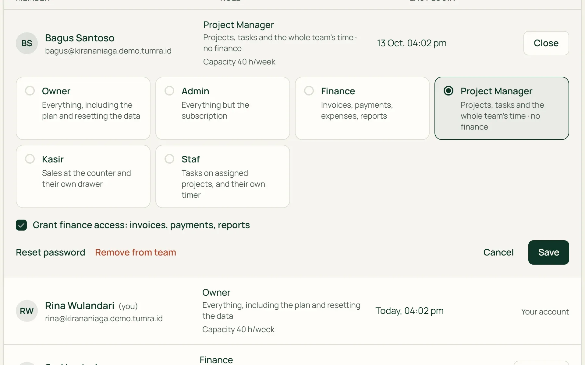 The Manage panel in Tumra: a Project Manager given finance access without becoming Finance.
