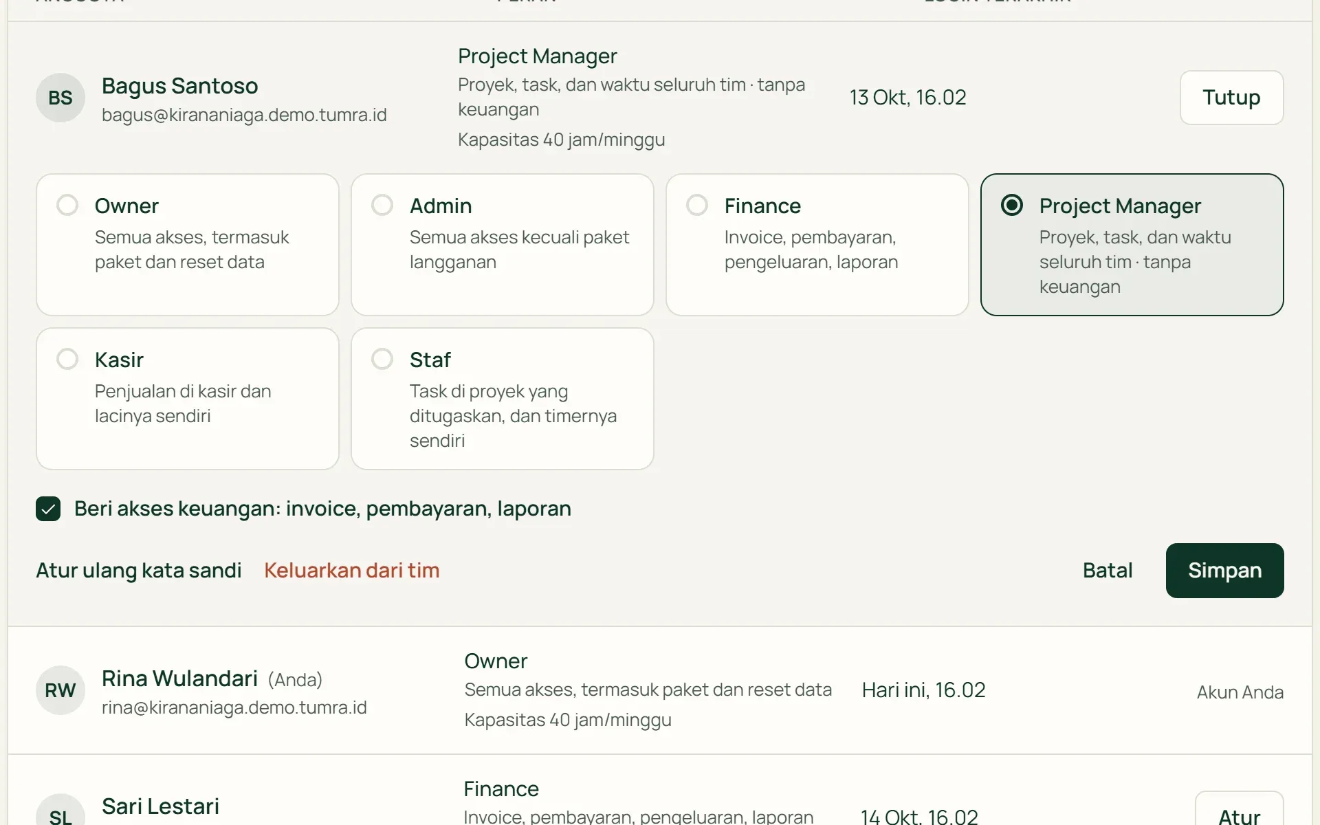 Panel Atur di Tumra: Project Manager diberi akses keuangan tanpa menjadi Finance.